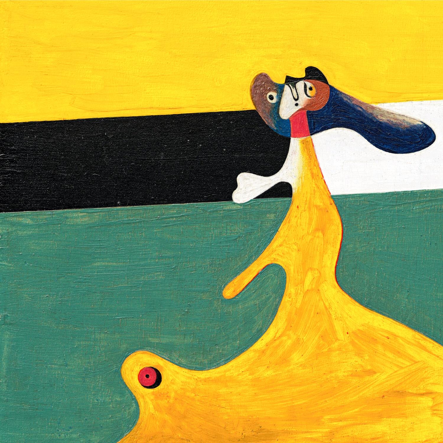 Abstract artwork of two faces merging into a yellow form on a multicolored background