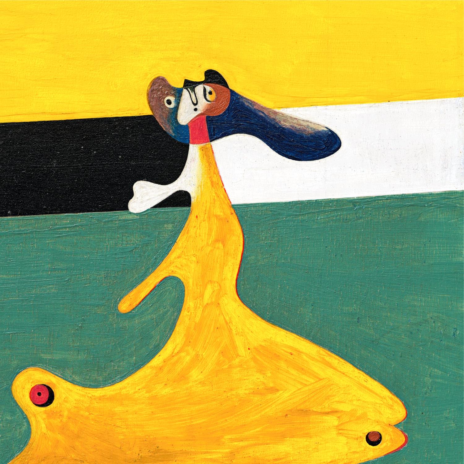 Abstract artwork with a stylized face and yellow shape on a multicolored background