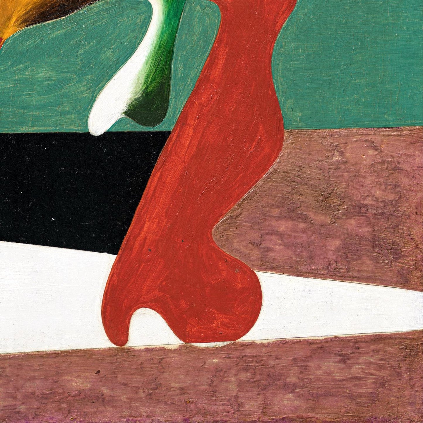 Abstract artwork with red, green, black, and brown colors on a textured surface.