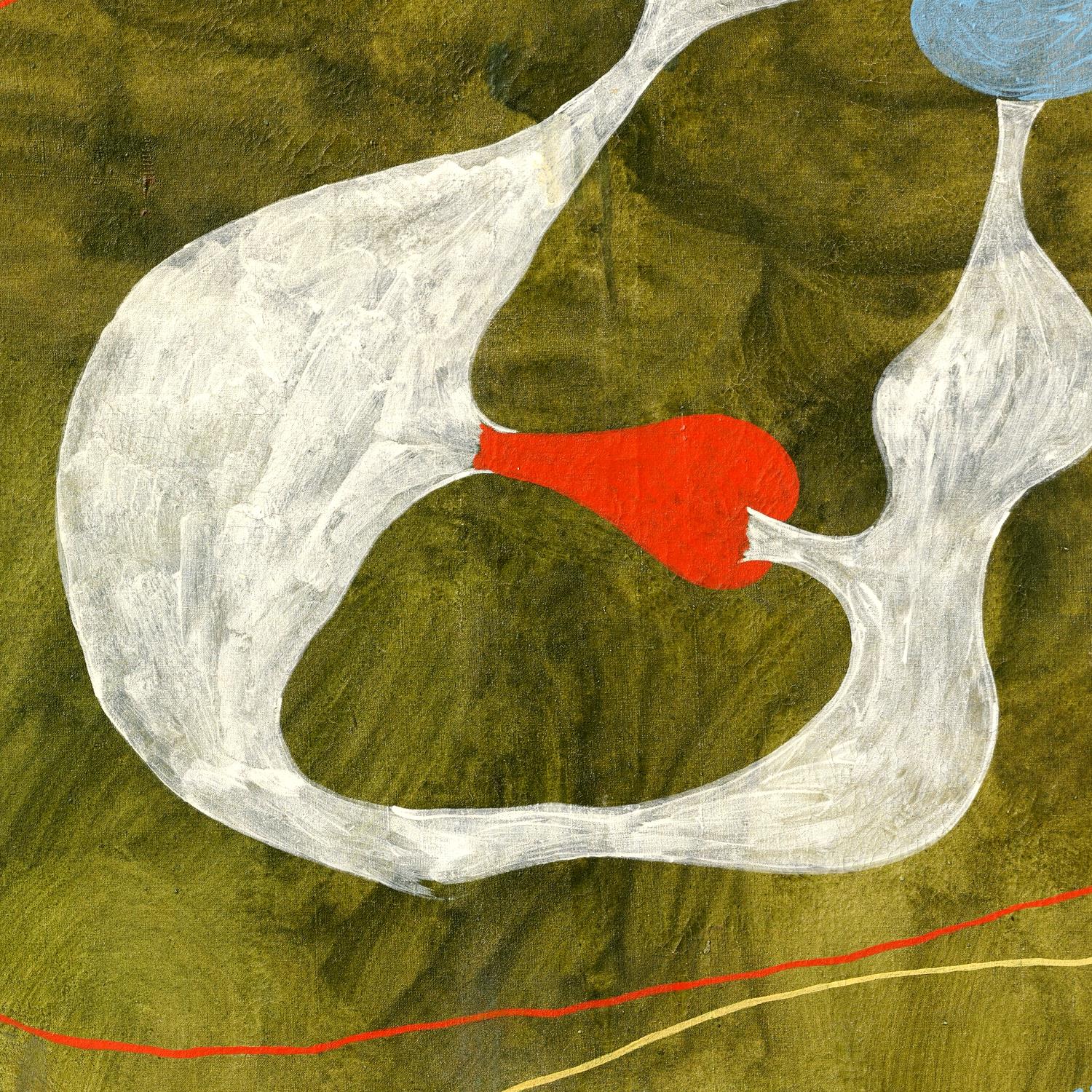 Abstract art with a red fish-like shape on a textured green background