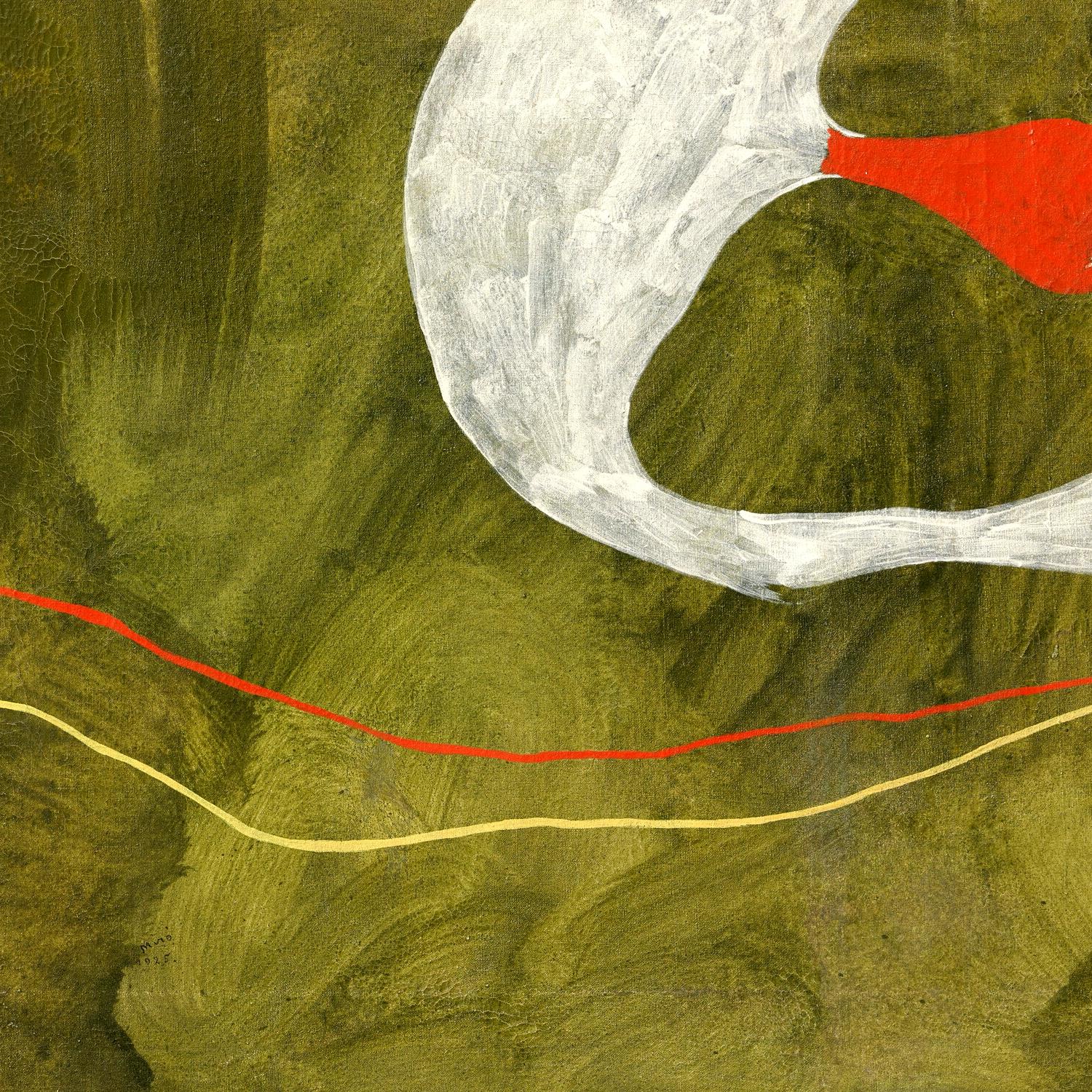 Abstract art with a white circle and red and yellow lines on a green background