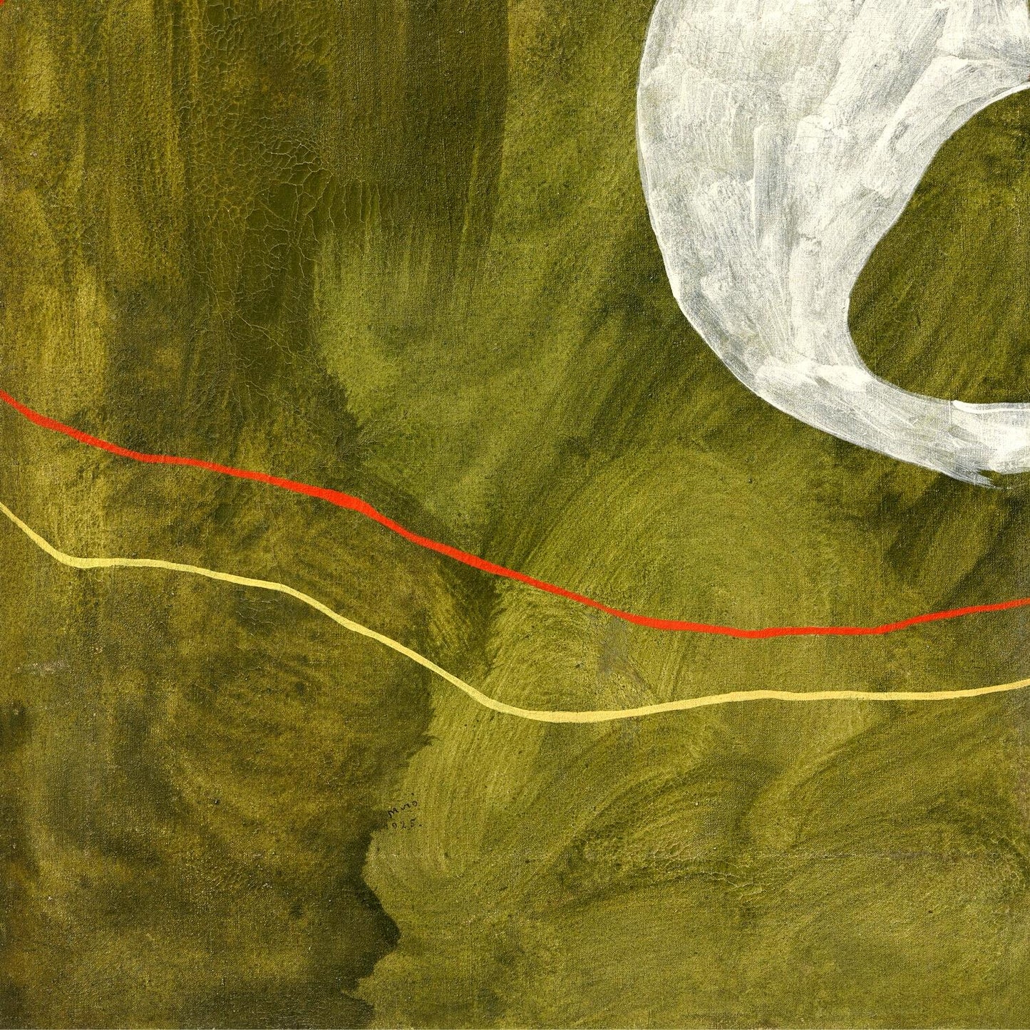Abstract art with green background, red line, and white circular shape.