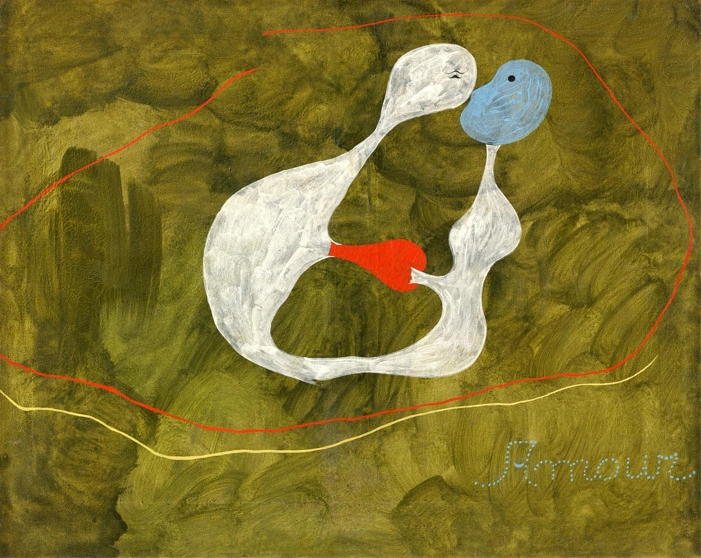 Abstract artwork with two connected figures on a textured brown background, signed 'Amour'.
