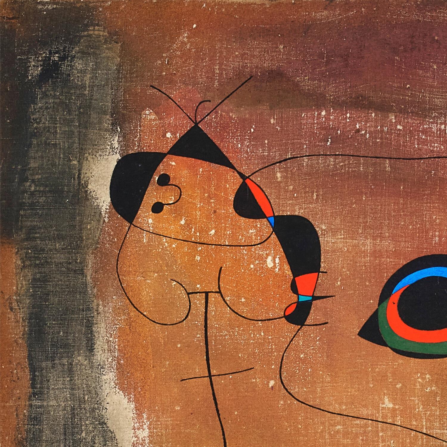 Abstract artwork with a stylized figure and geometric shapes on a textured brown background