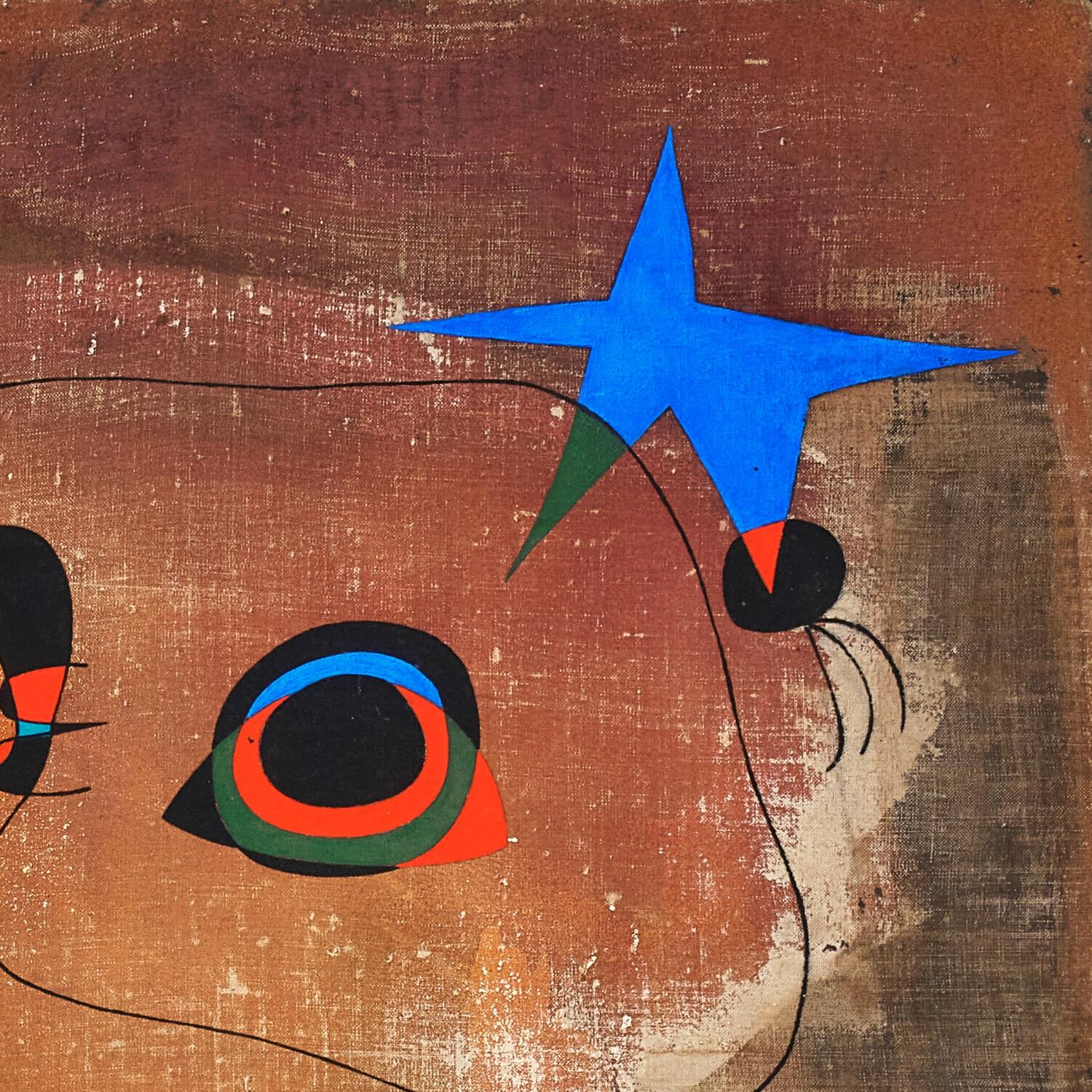 Abstract artwork with a blue star and colorful shapes on a textured brown background