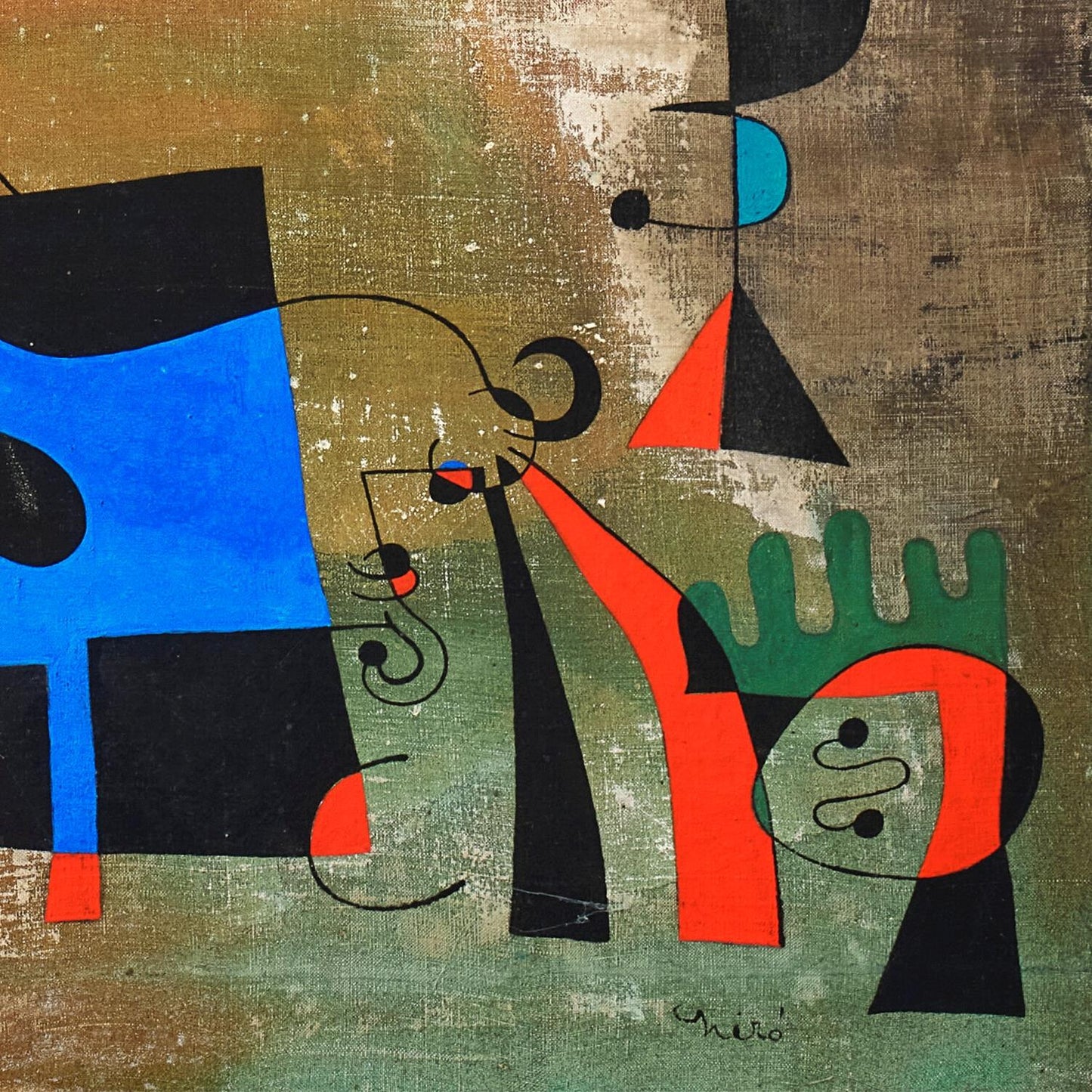 Abstract artwork with geometric shapes and bold colors on a textured background
