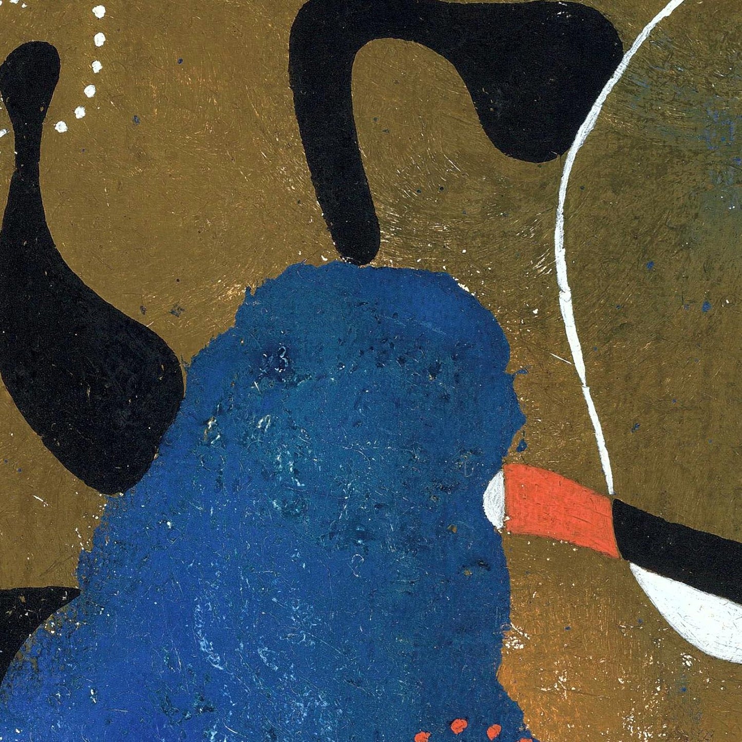 Abstract artwork with blue, black, and orange shapes on a brown background