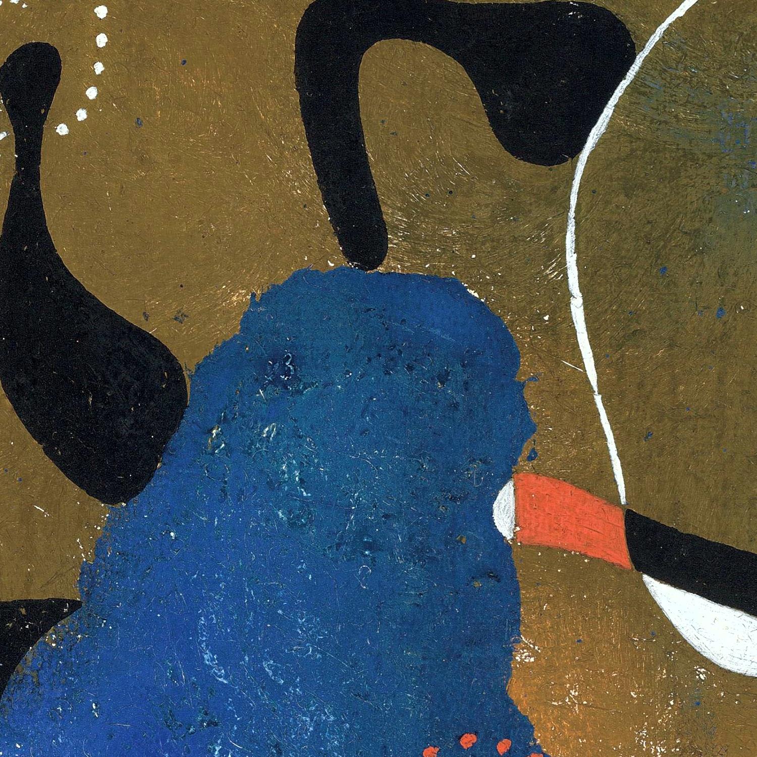 Abstract artwork with blue, black, and orange shapes on a brown background