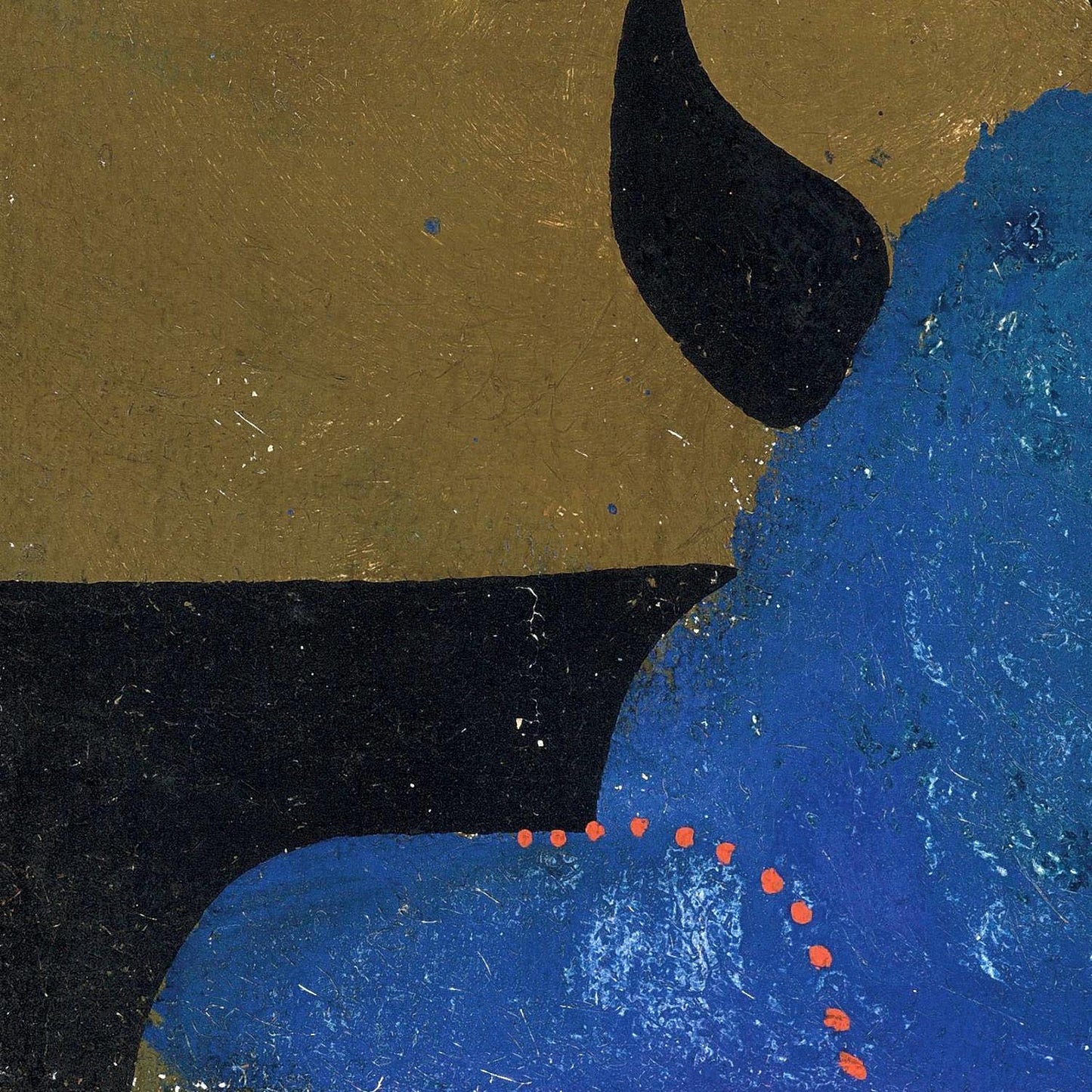 Abstract art with black, blue, and red elements on a textured background