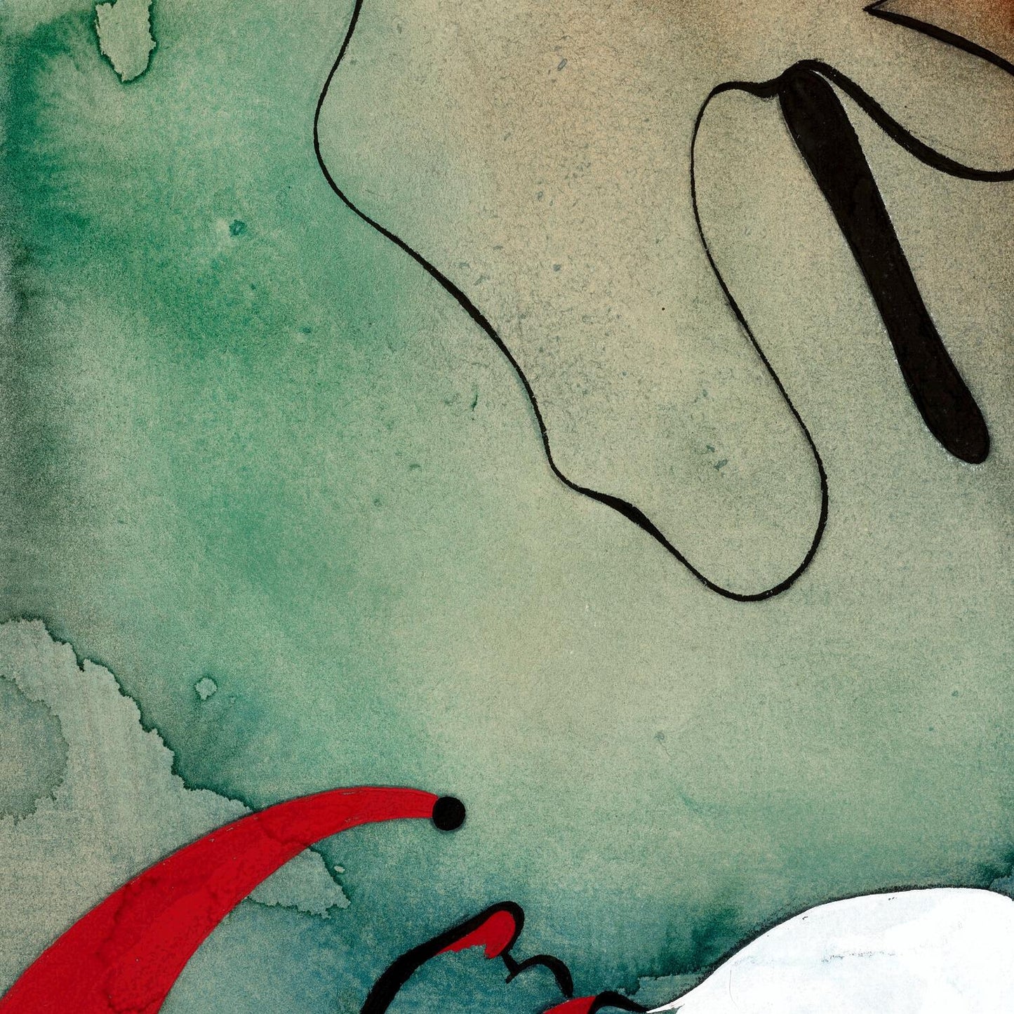 Abstract art with green, red, and black colors on a textured background
