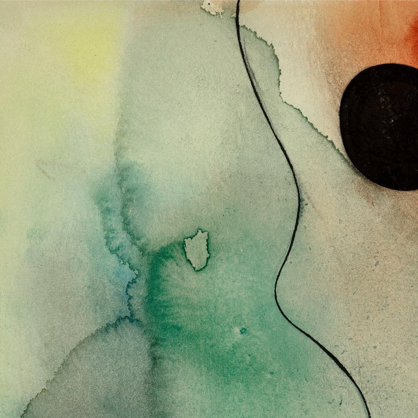 Abstract watercolor painting with a black circle and greenish-brown hues