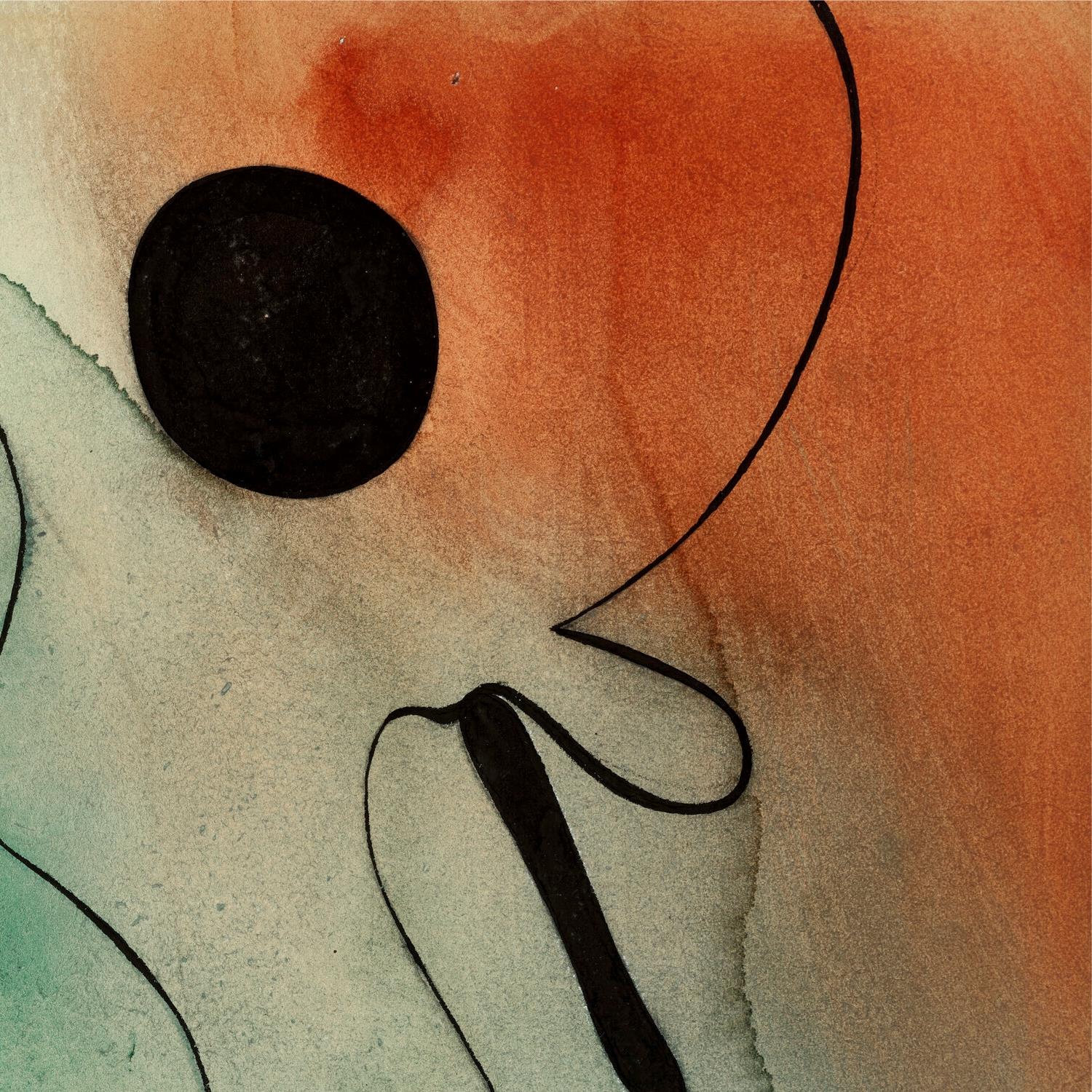 Abstract art with black circle and lines on a multicolored background