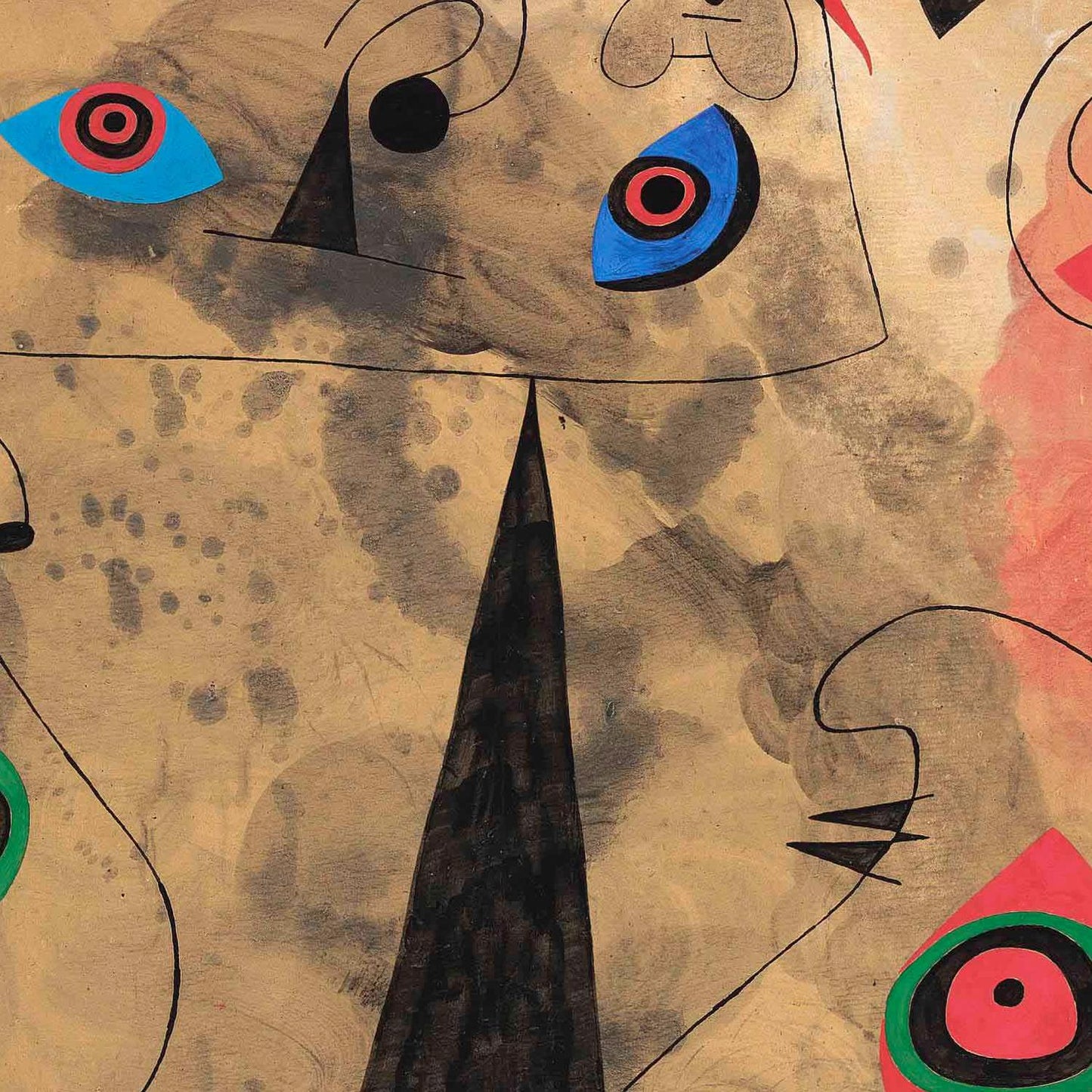 Abstract artwork with geometric shapes and colors on a beige background