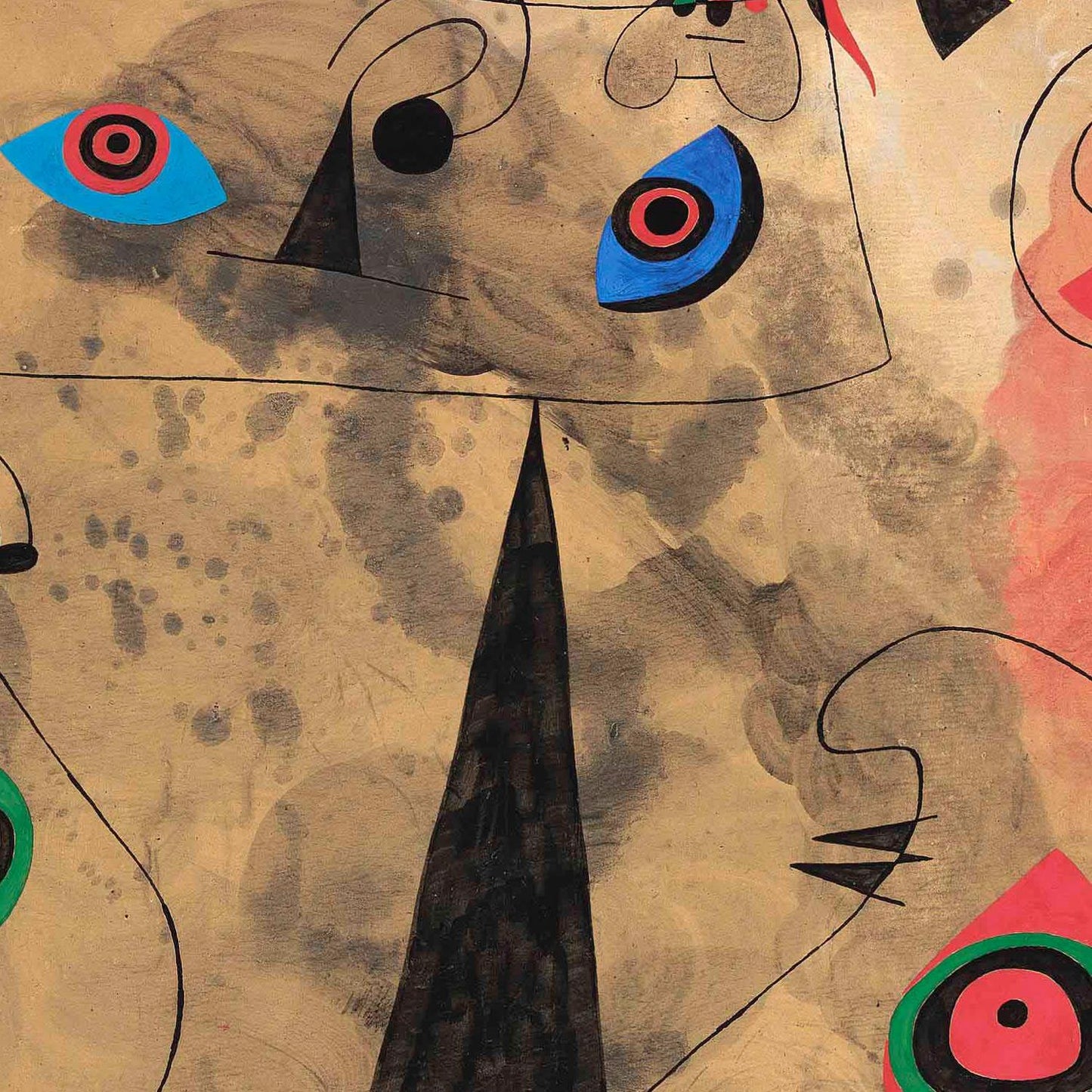 Abstract artwork with geometric shapes and bold colors on a textured beige background