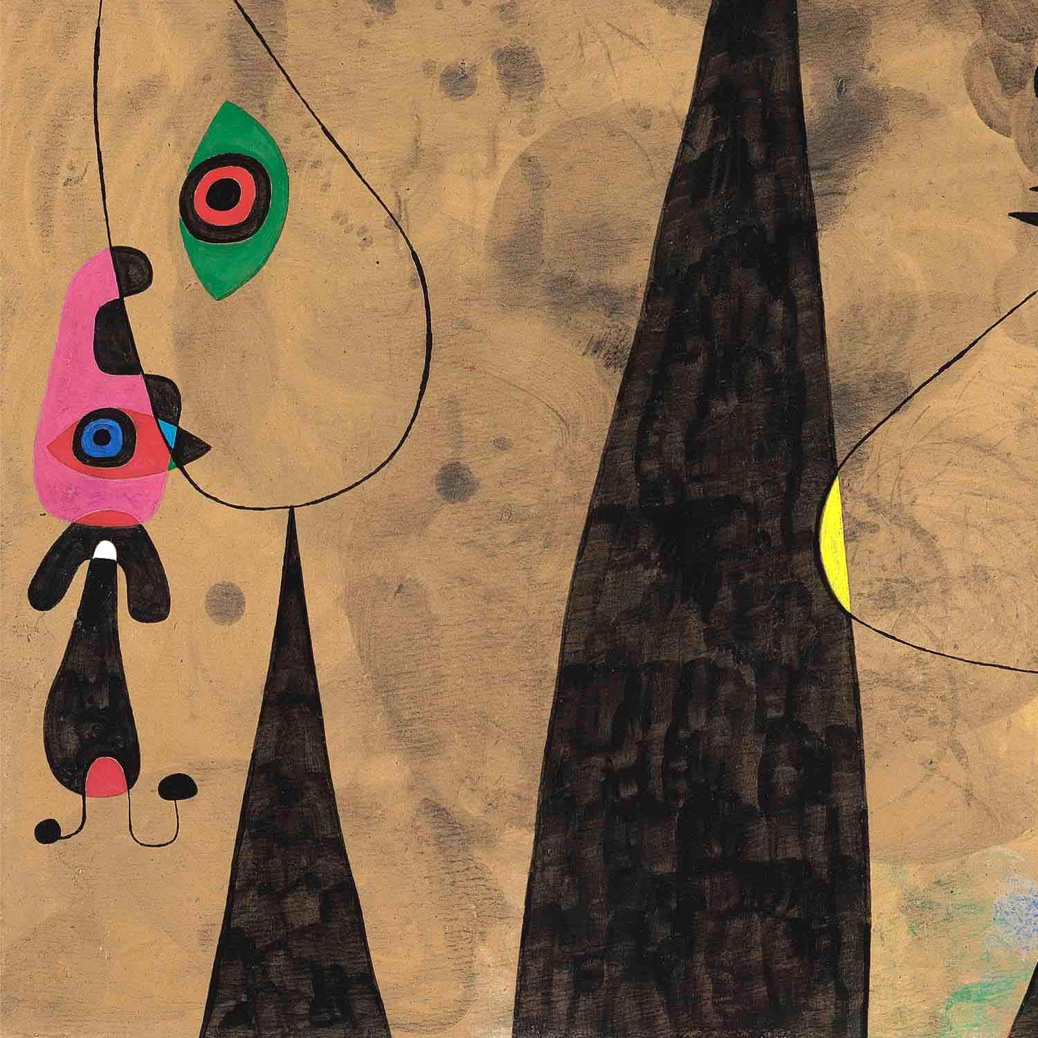 Abstract artwork with colorful figures and geometric shapes on a beige background