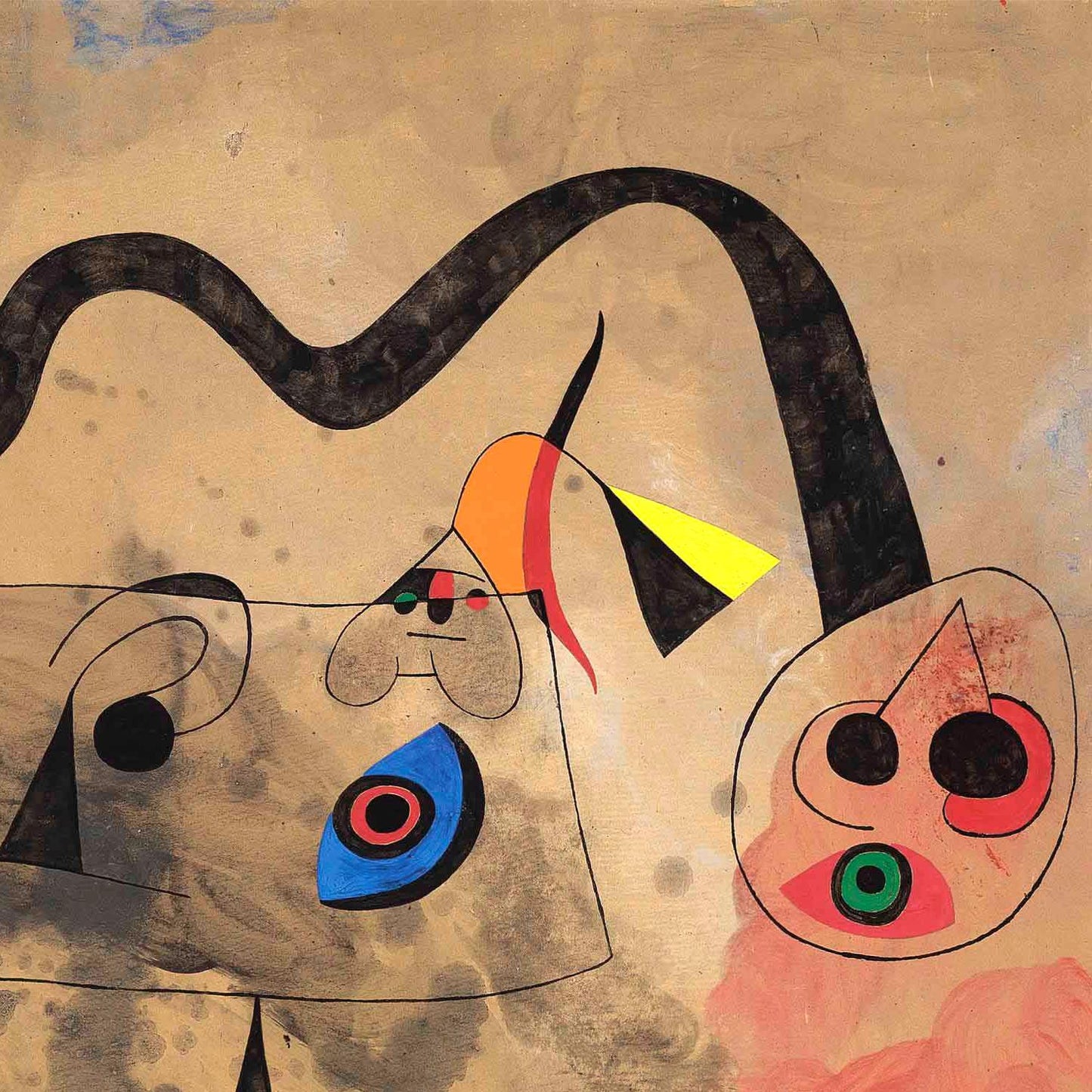 Abstract artwork with wavy lines and colorful shapes on a textured beige background