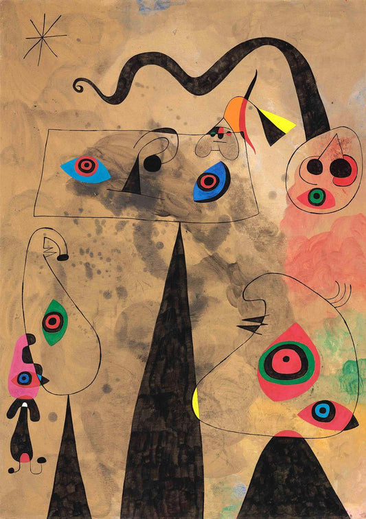 Abstract artwork with colorful shapes and eyes on a beige background