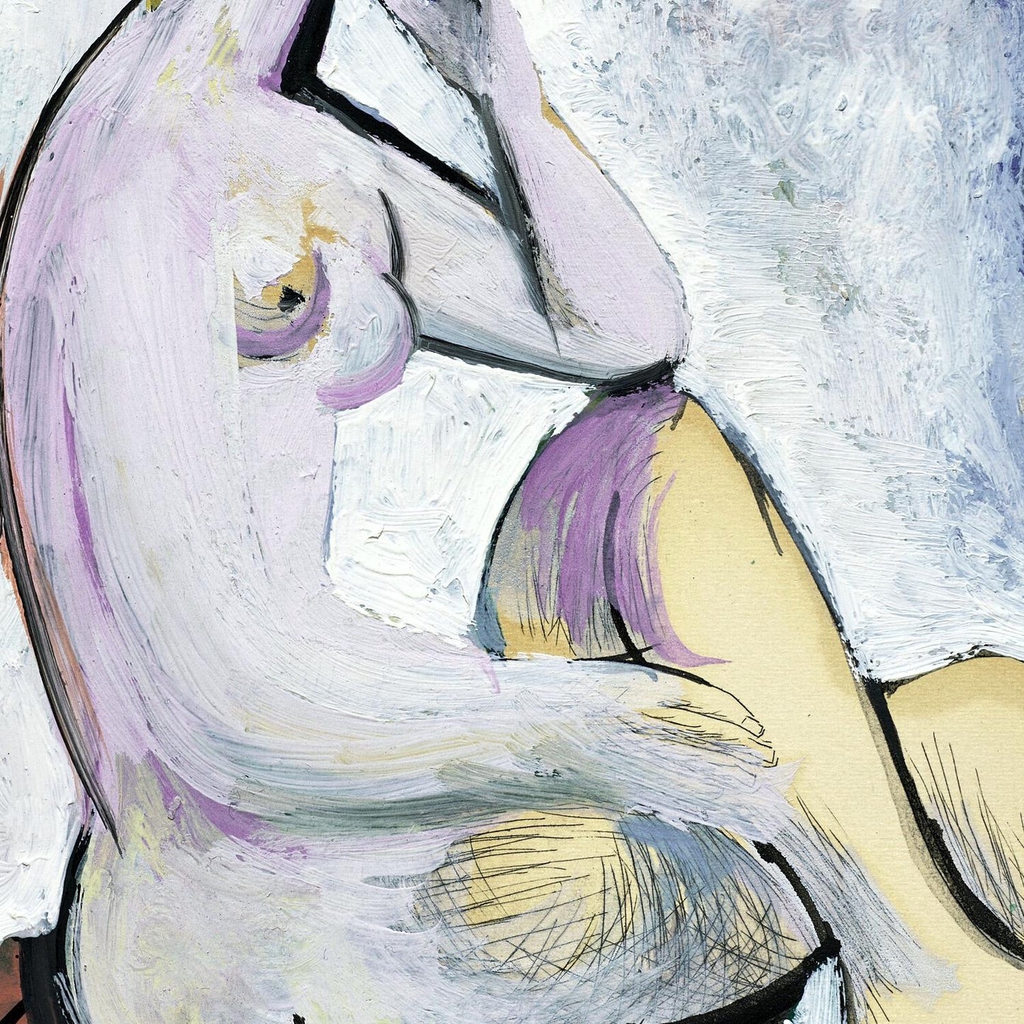 Abstract painting of a stylized figure with purple and yellow tones on a textured white background.