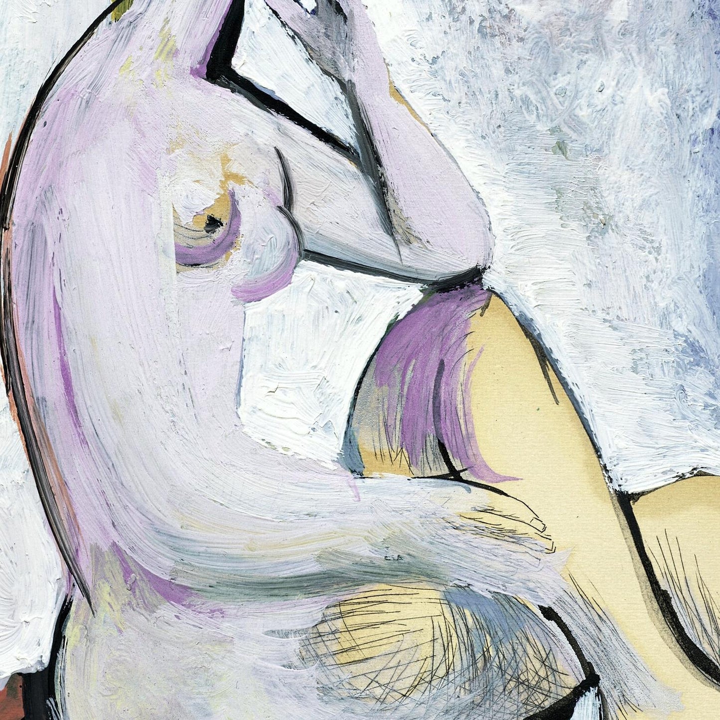 Abstract painting of a bird with purple and yellow colors on a white background