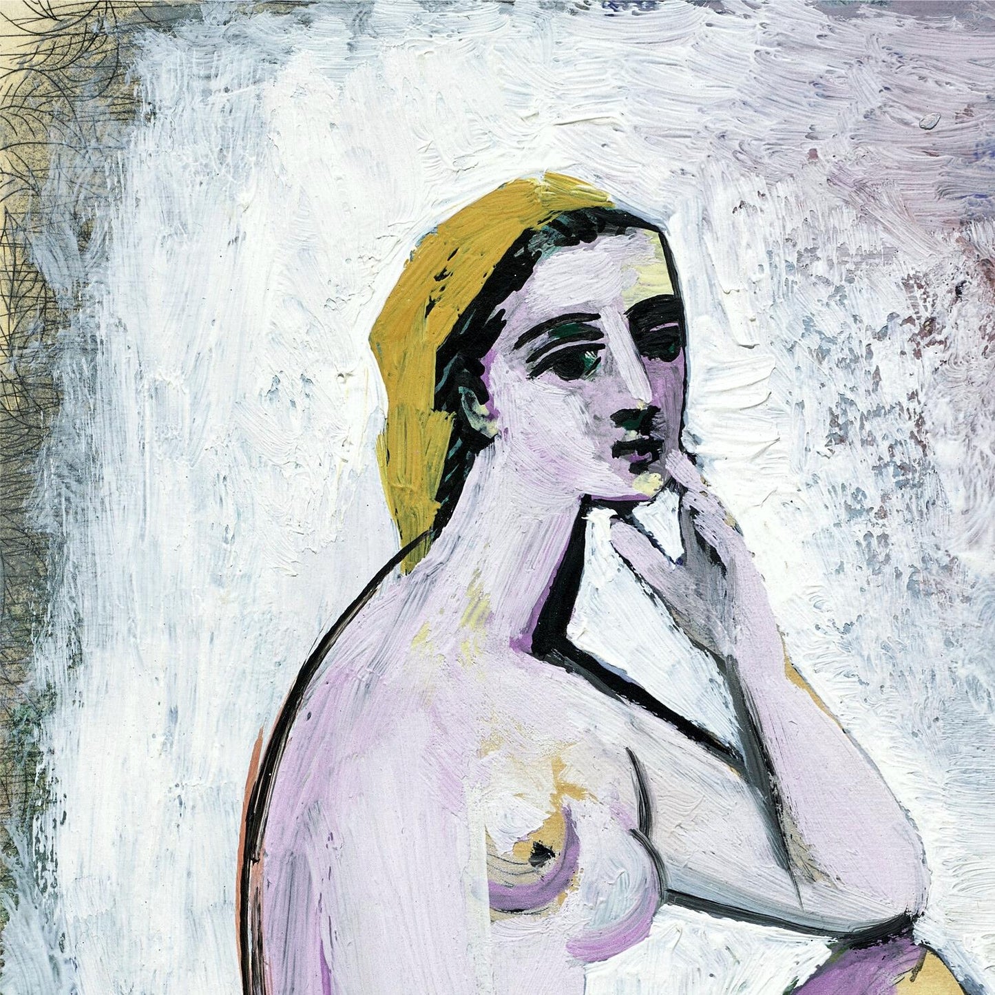 Abstract painting of a nude figure with a yellow headscarf on a textured white background