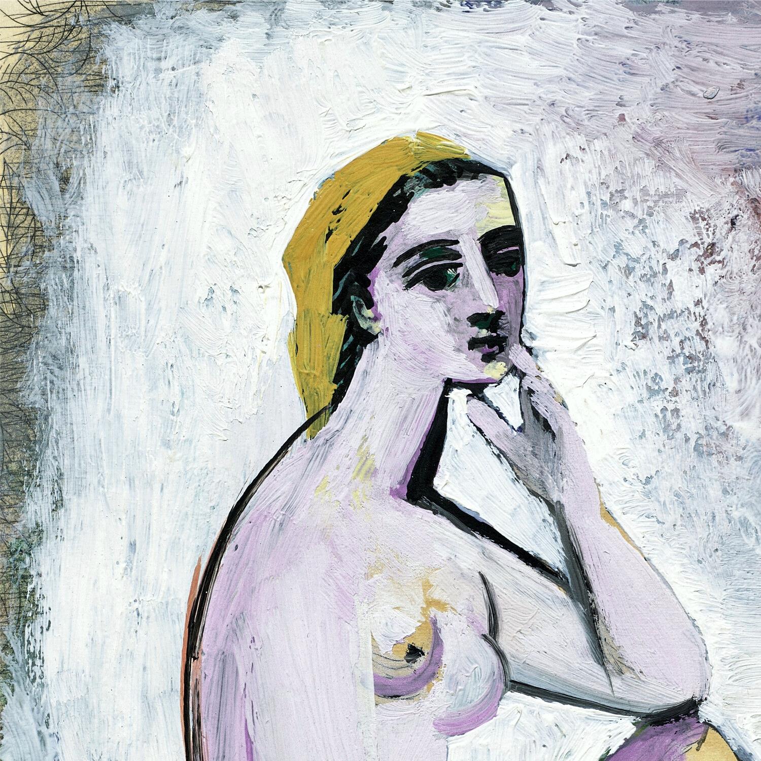 Abstract painting of a nude figure with a yellow headscarf on a textured white background