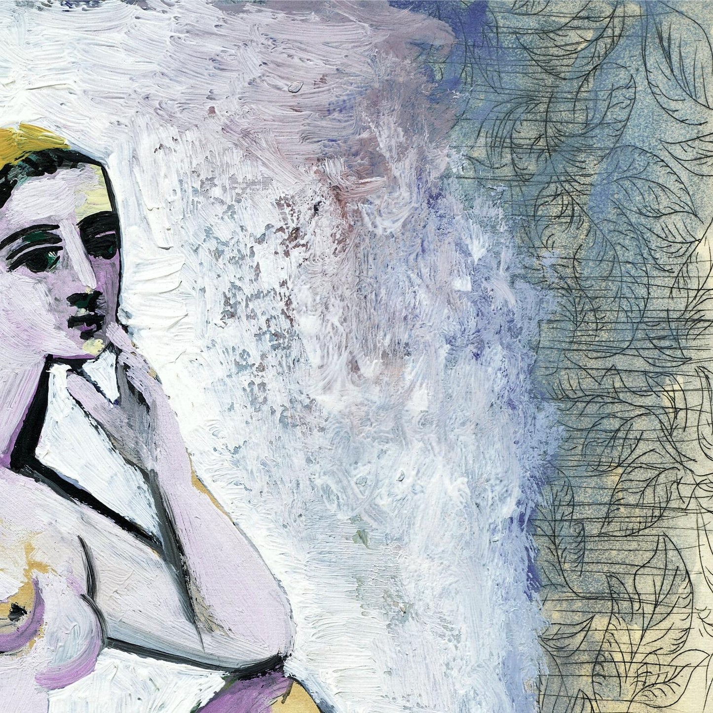 Abstract artwork with a figure and leaf patterns