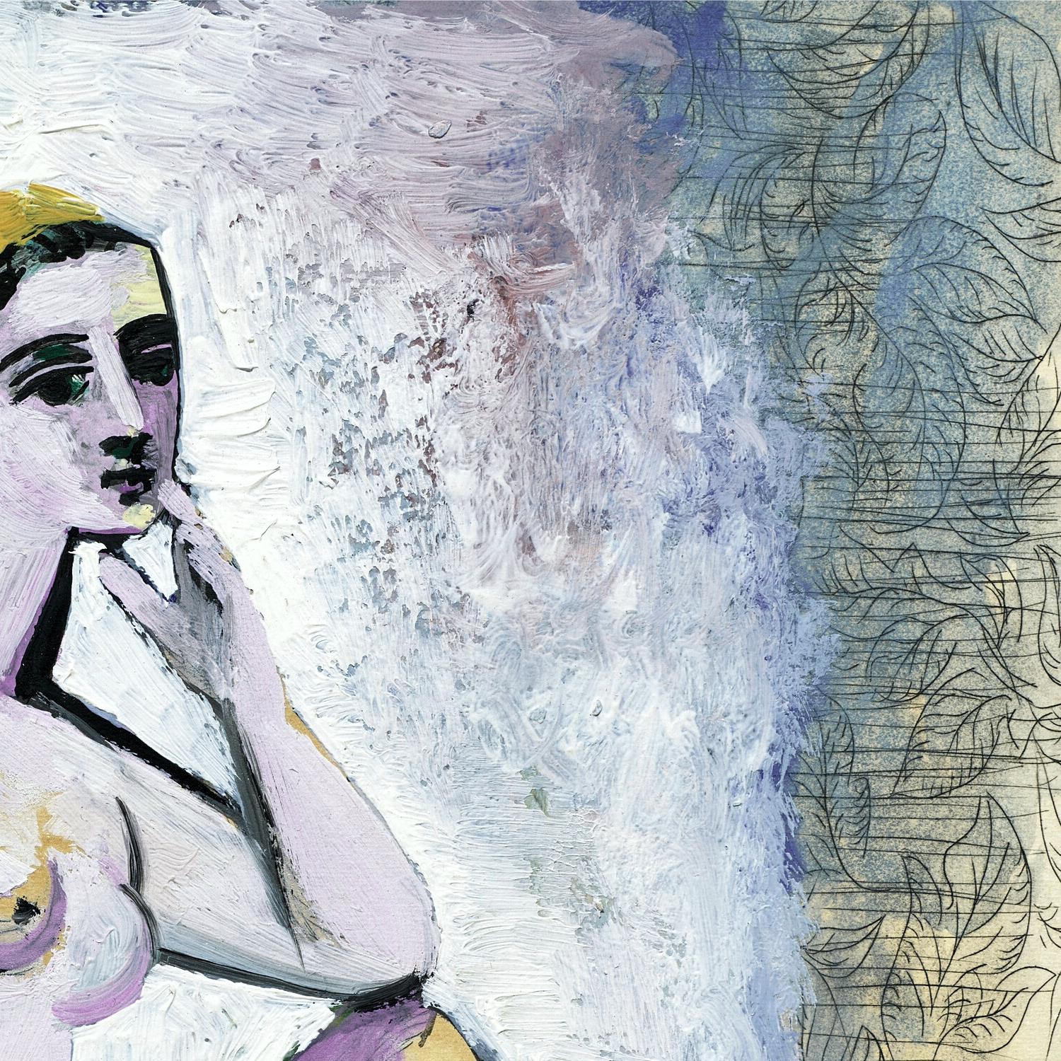 Abstract artwork with a figure and leaf patterns