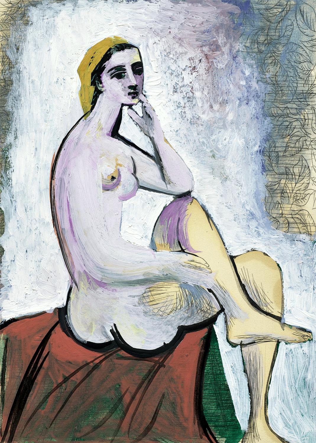 Abstract painting of a nude figure with a yellow headscarf on a textured background