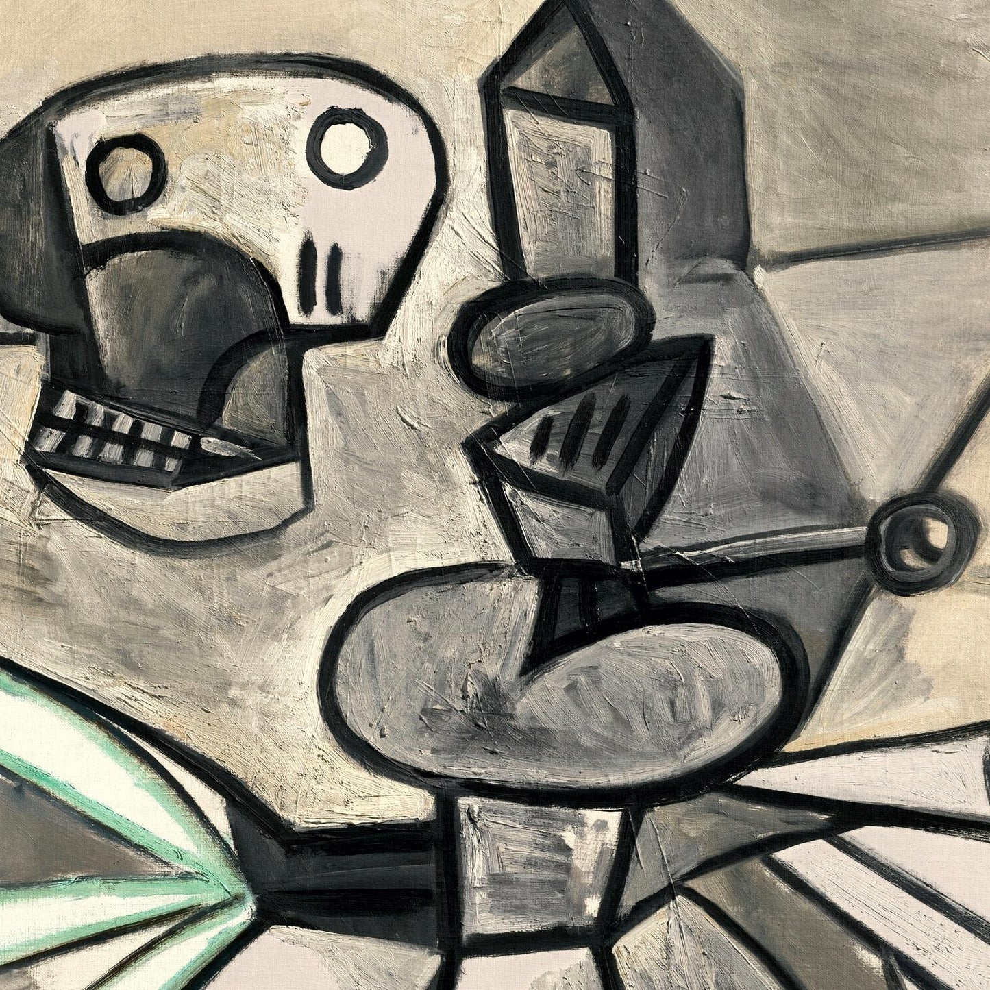 Abstract black and white artwork with geometric shapes on a textured beige background