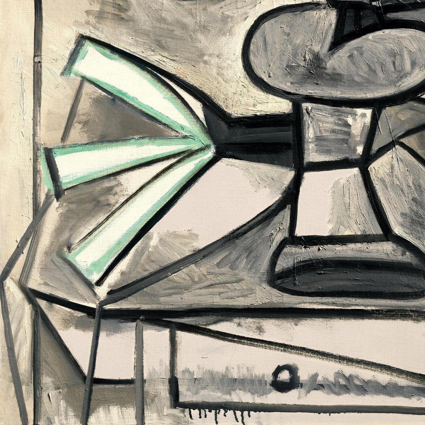 Abstract art piece with geometric shapes in black, white, and green on a textured background
