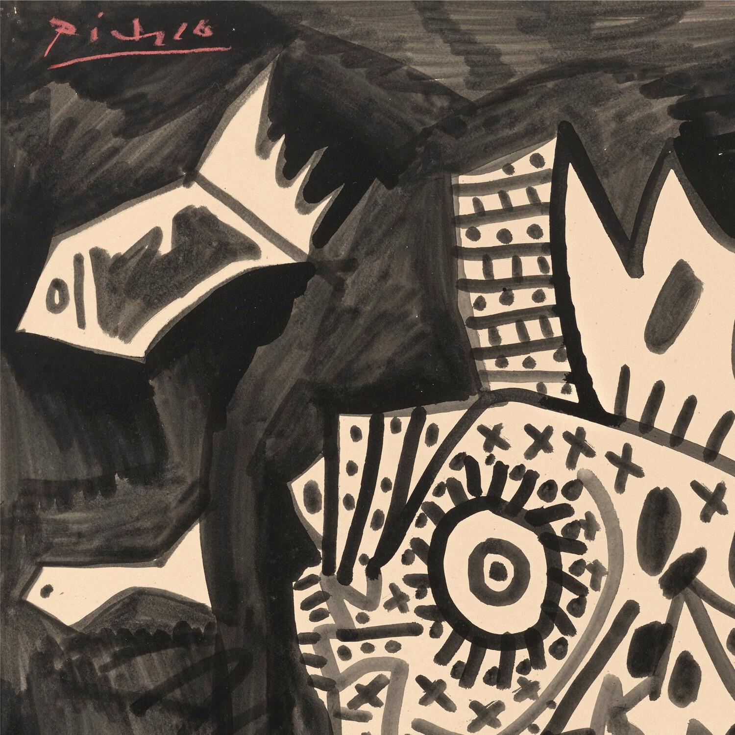 Abstract artwork with geometric patterns and black and white color scheme.