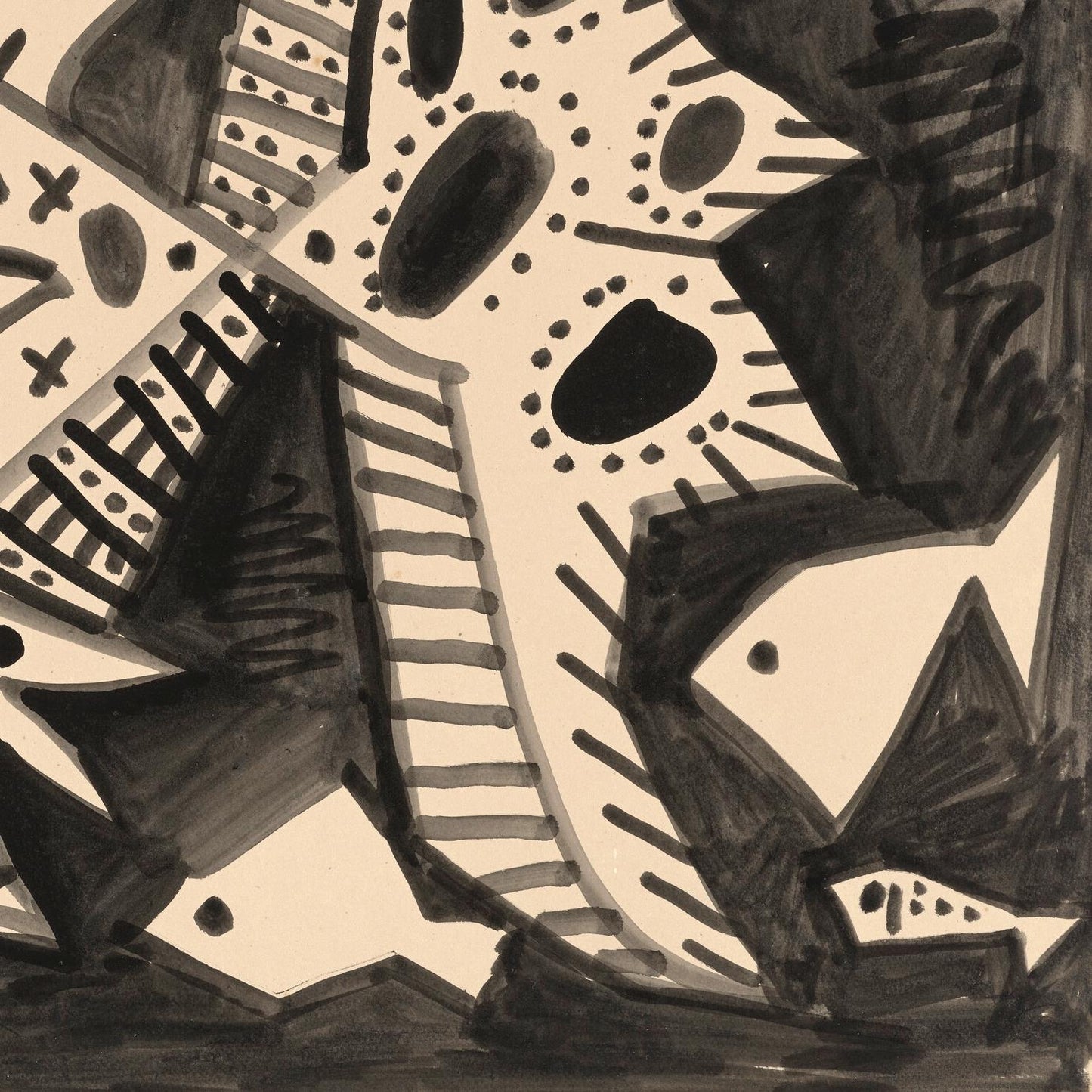 Abstract black and white artwork with geometric shapes