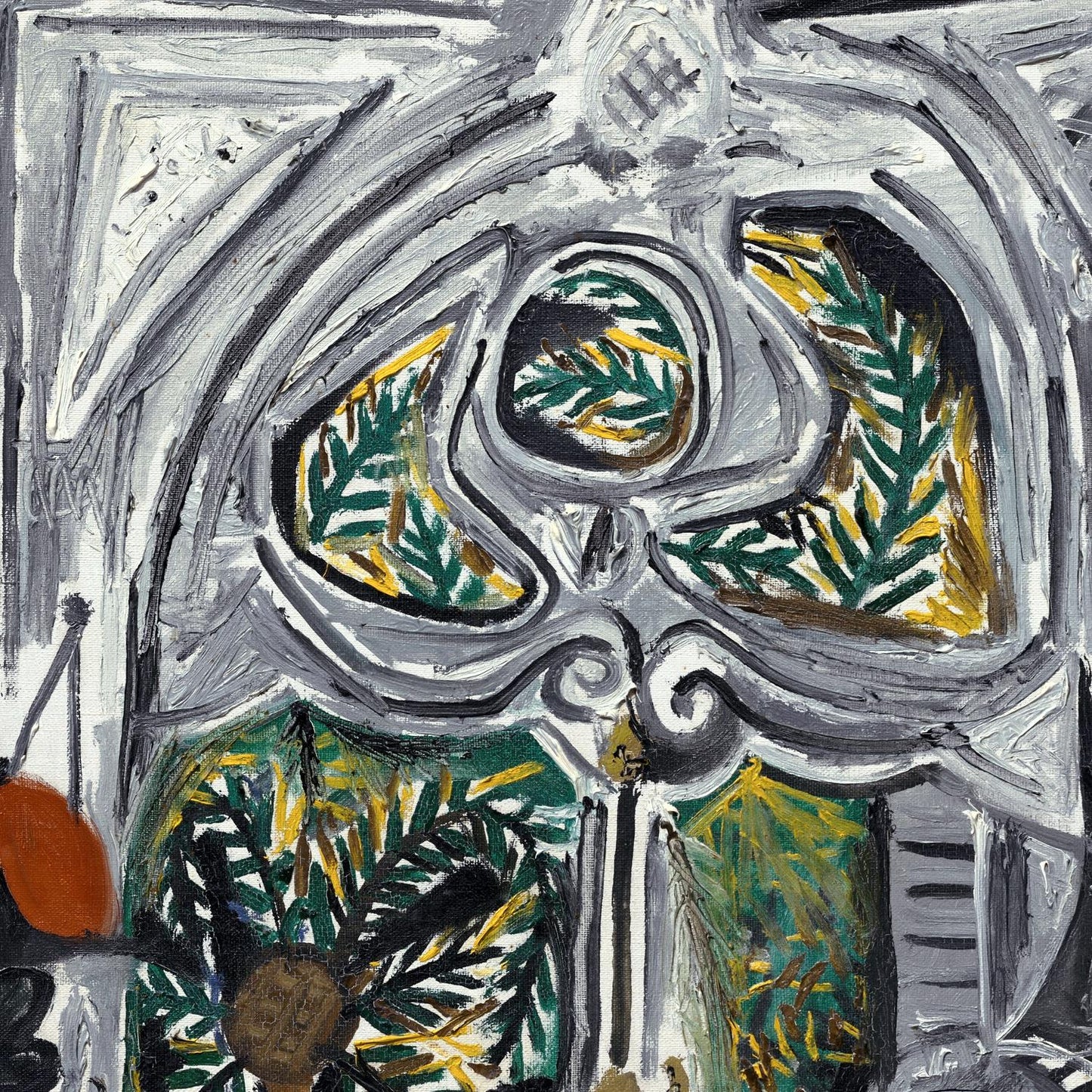 Abstract artwork with swirling patterns and green and yellow elements