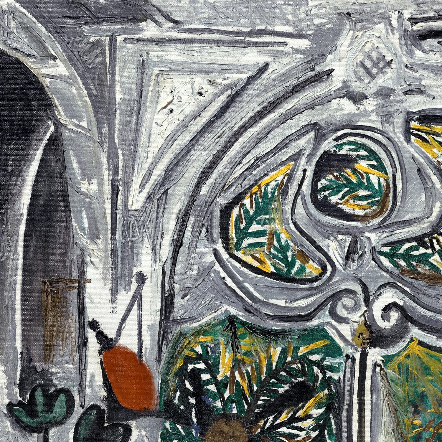 Artistic depiction of a room with decorative elements and plants