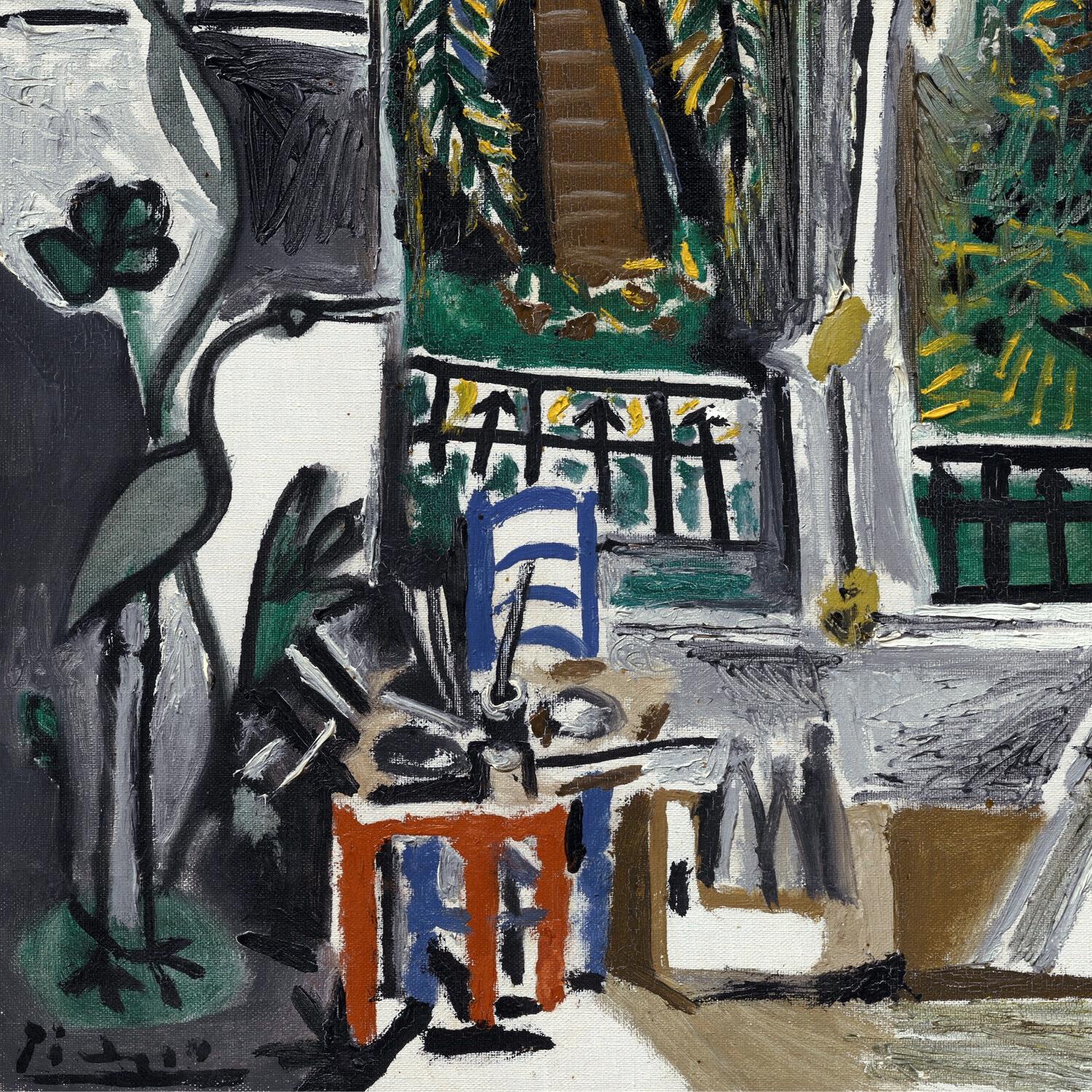 Artistic depiction of a room with furniture and plants