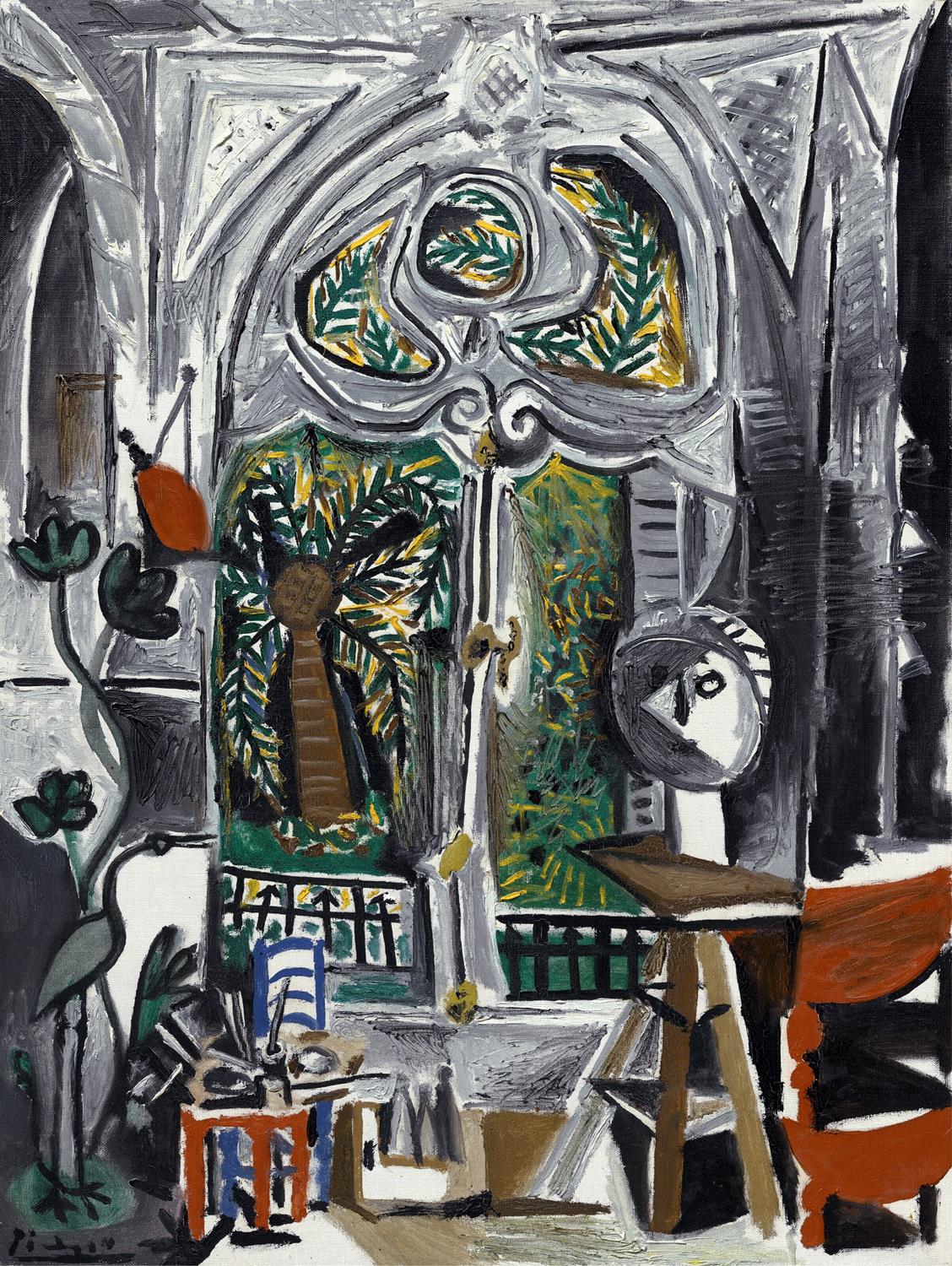 Abstract artwork with geometric shapes and a central figure, featuring green, black, and brown colors.
