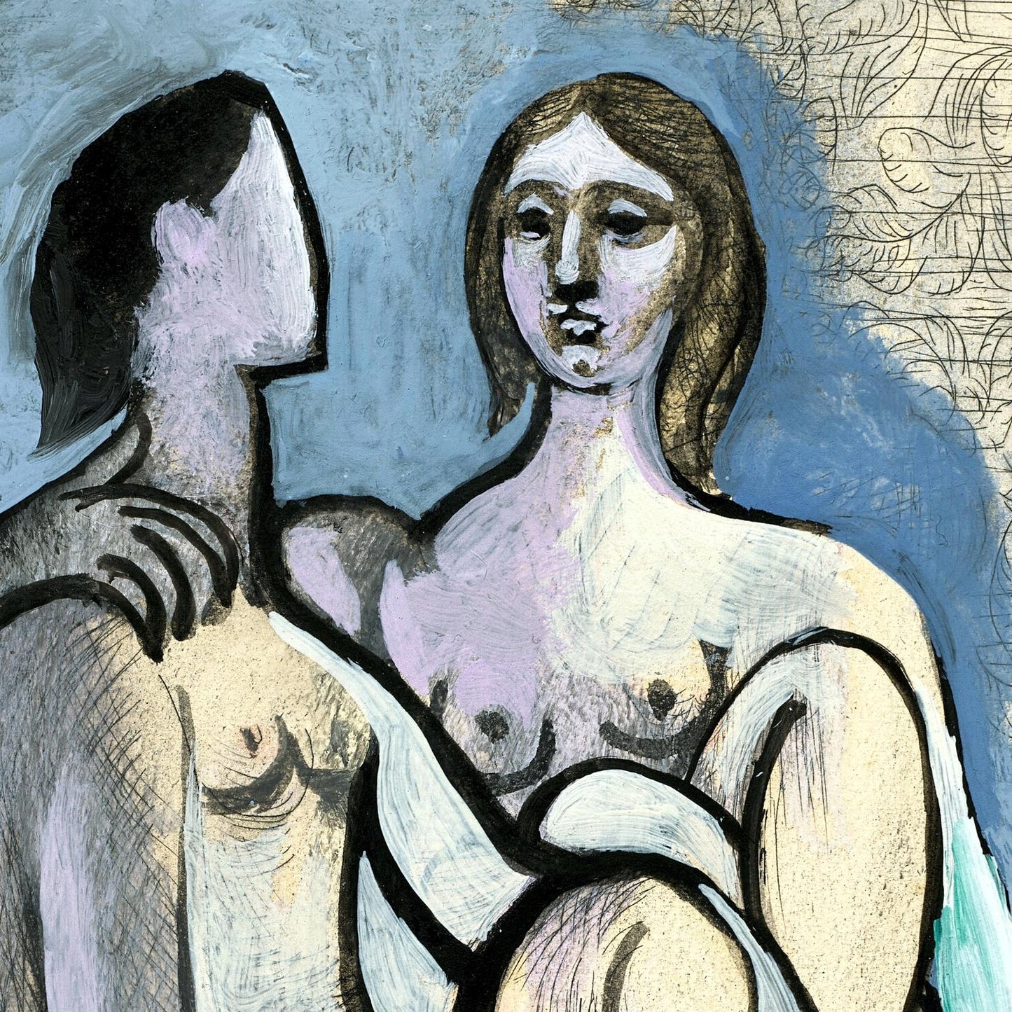 Artistic depiction of two nude figures against a textured background