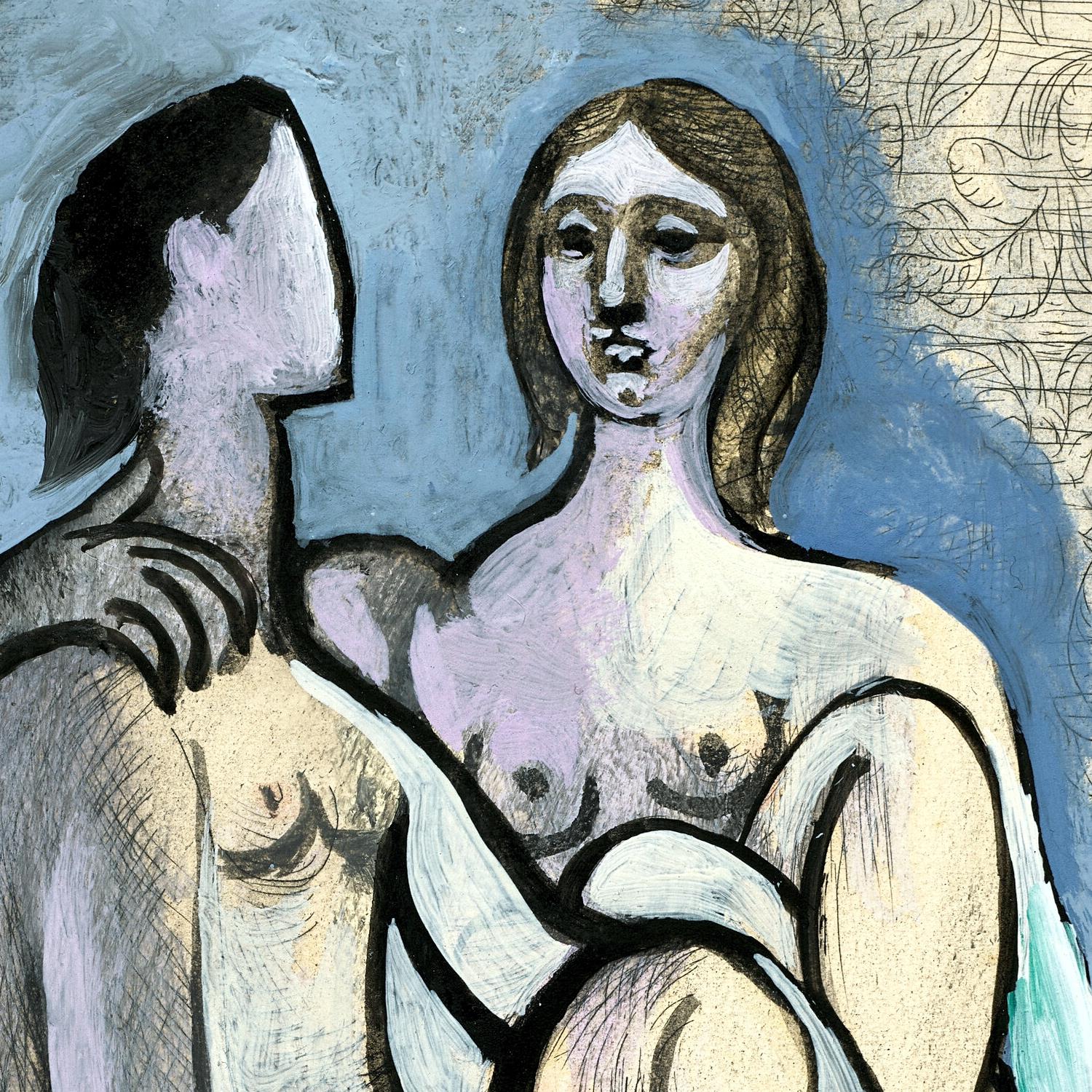 Artistic depiction of two nude figures against a textured background