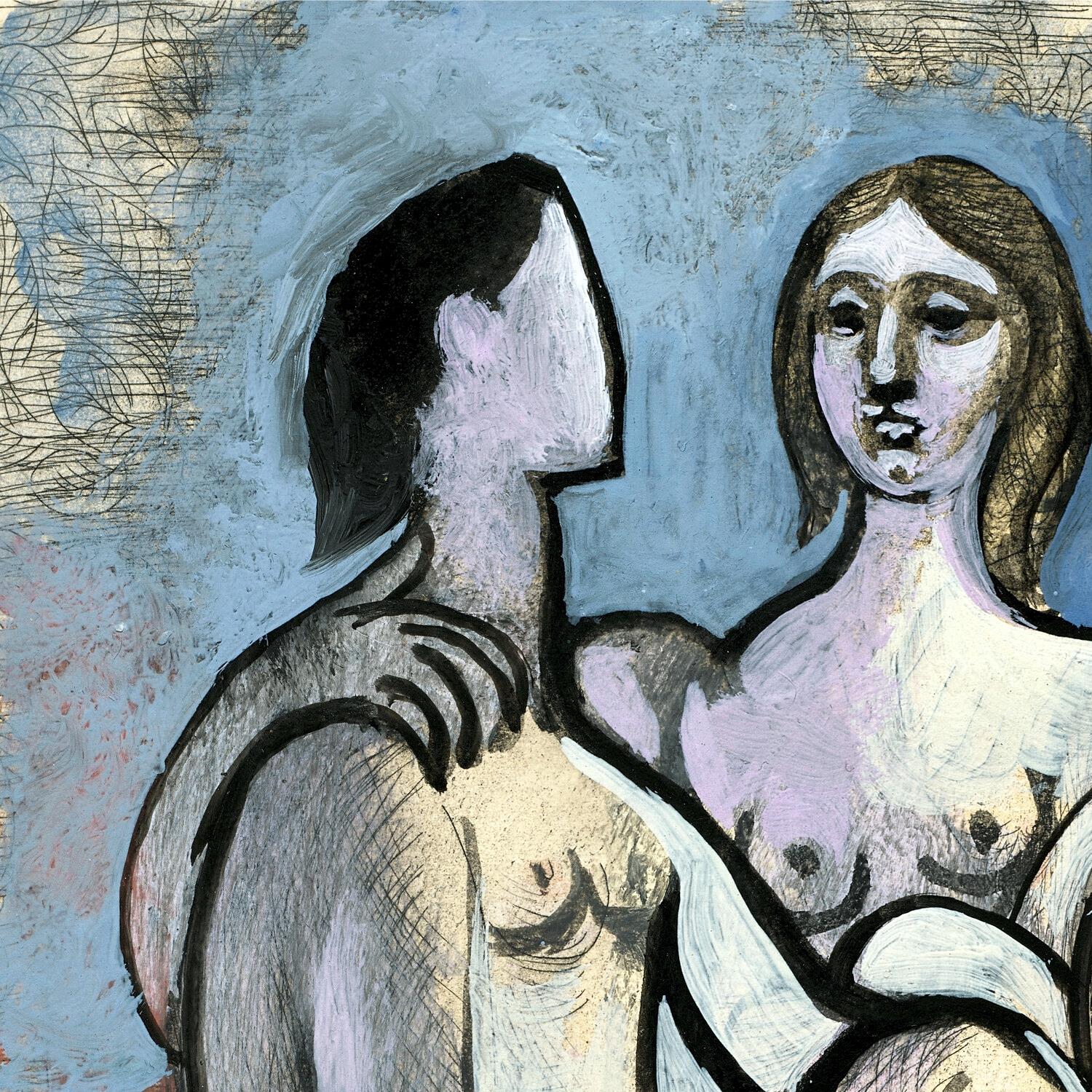 Abstract artwork of two nude figures against a textured blue background