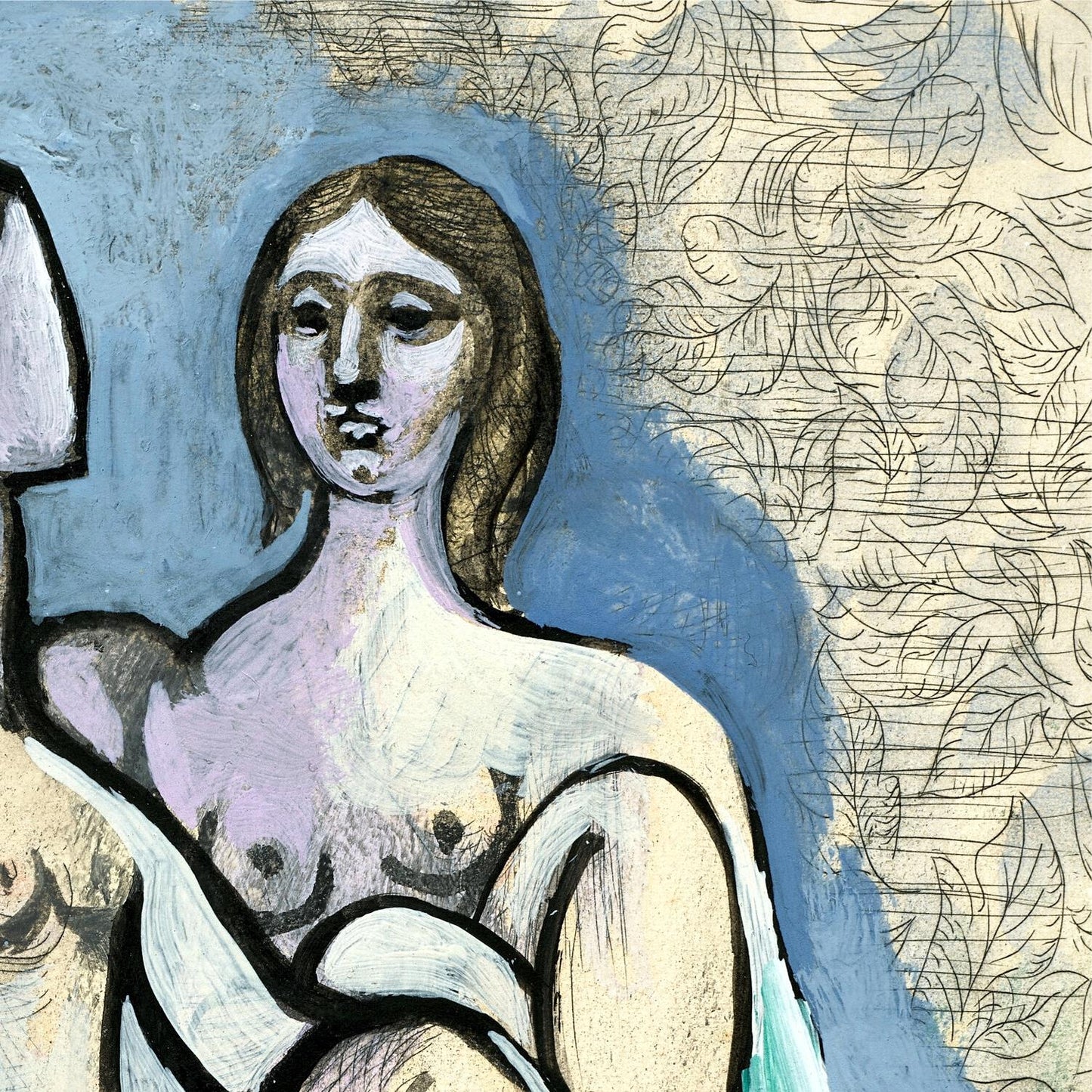 Artistic depiction of a woman with abstract patterns in the background