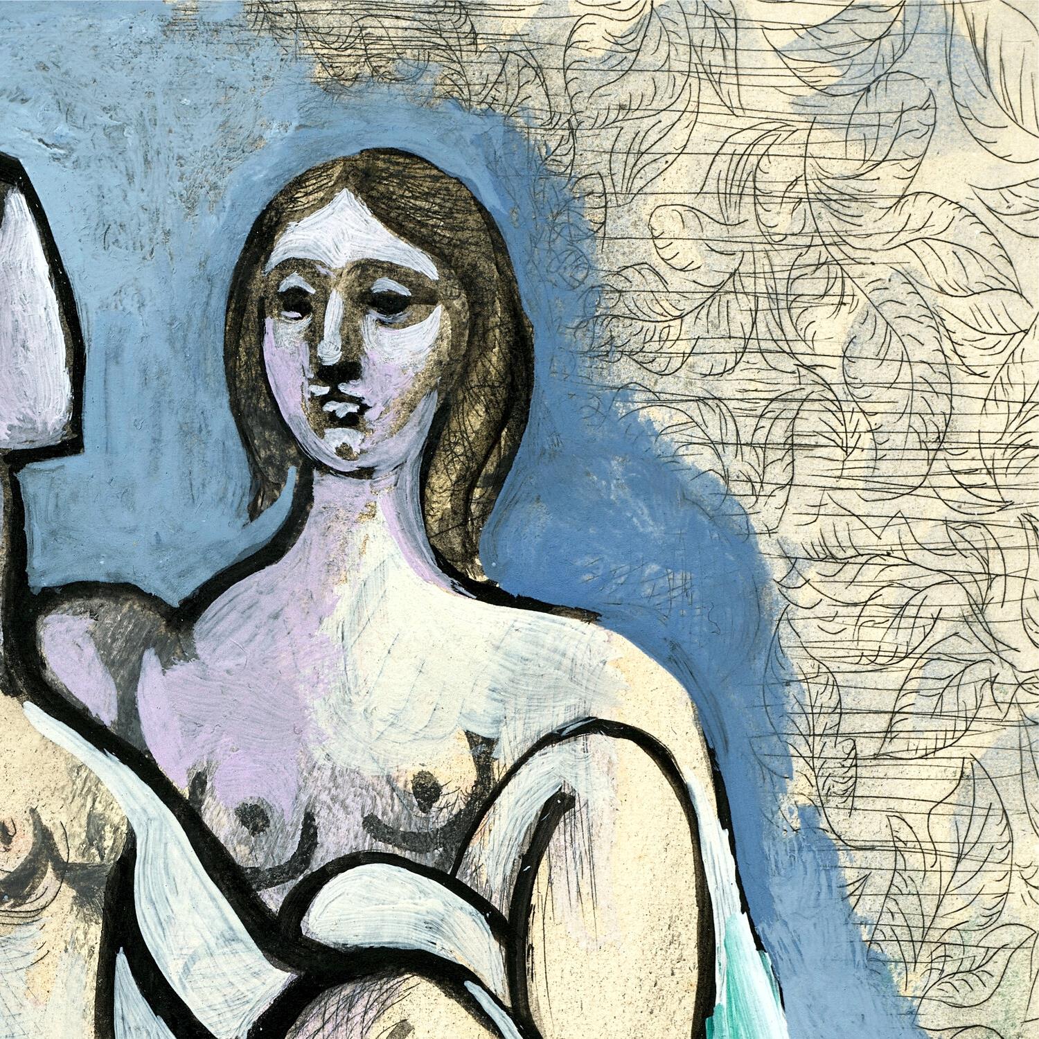 Artistic depiction of a woman with abstract patterns in the background