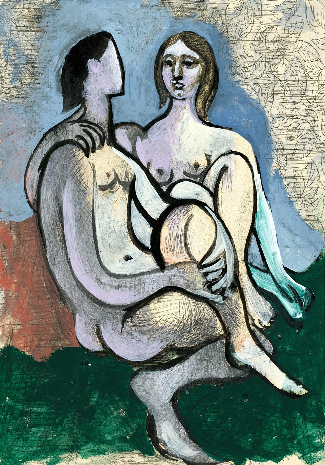 Abstract artwork of two nude figures sitting together on a textured background