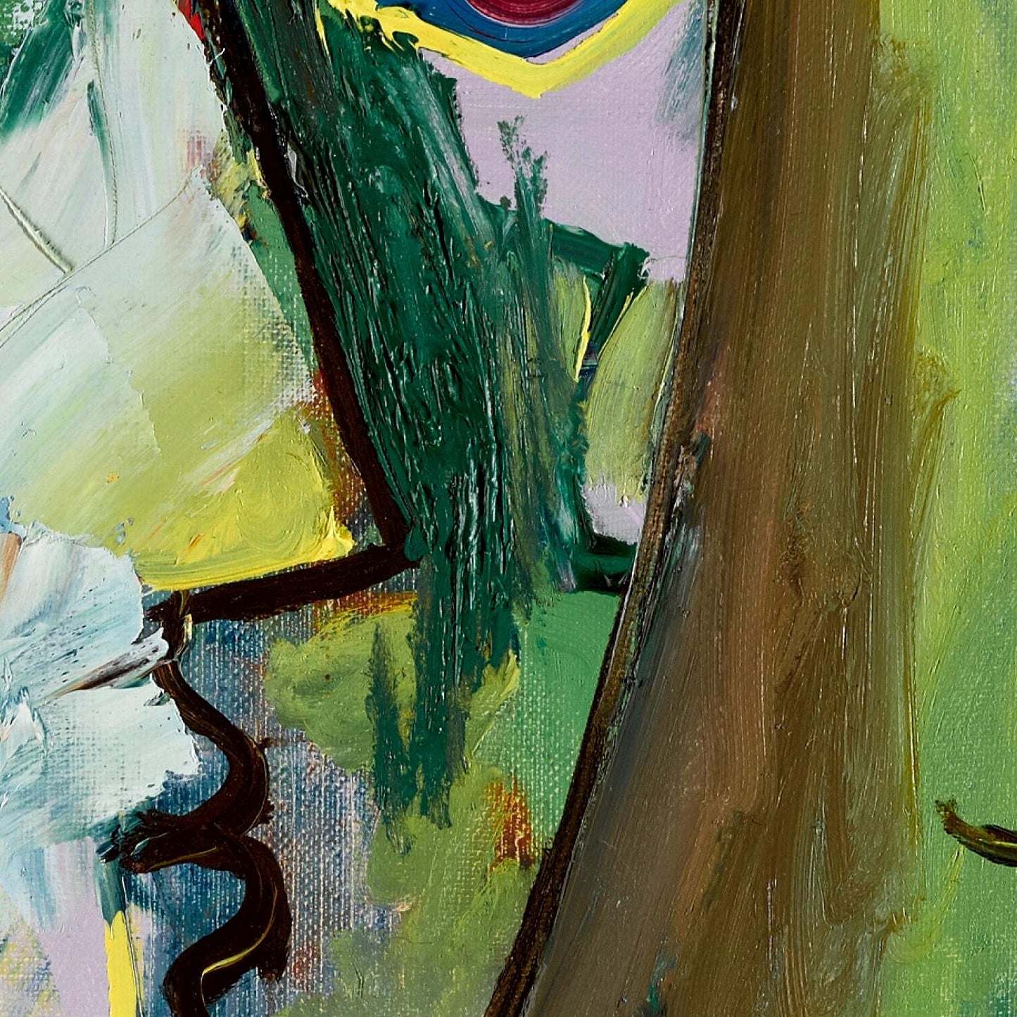 Abstract painting with green, yellow, and brown colors