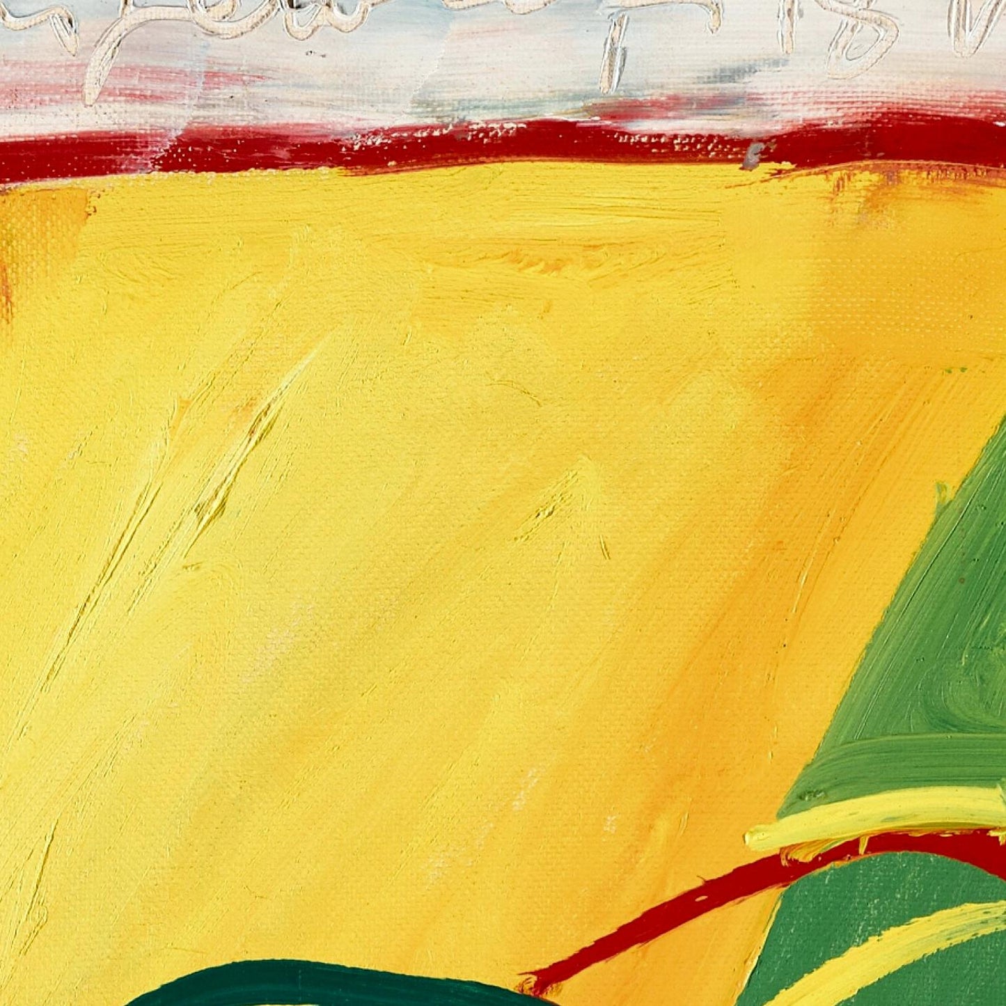 Abstract painting with yellow background and green and red accents