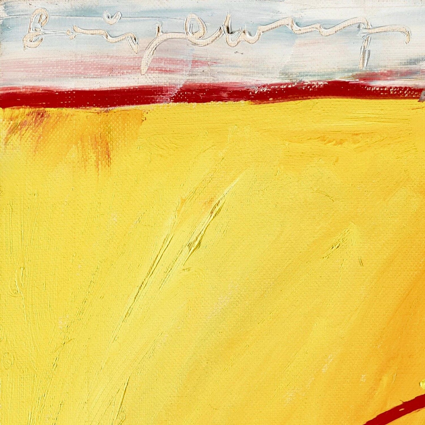 Abstract painting with a yellow background and red horizontal stripe