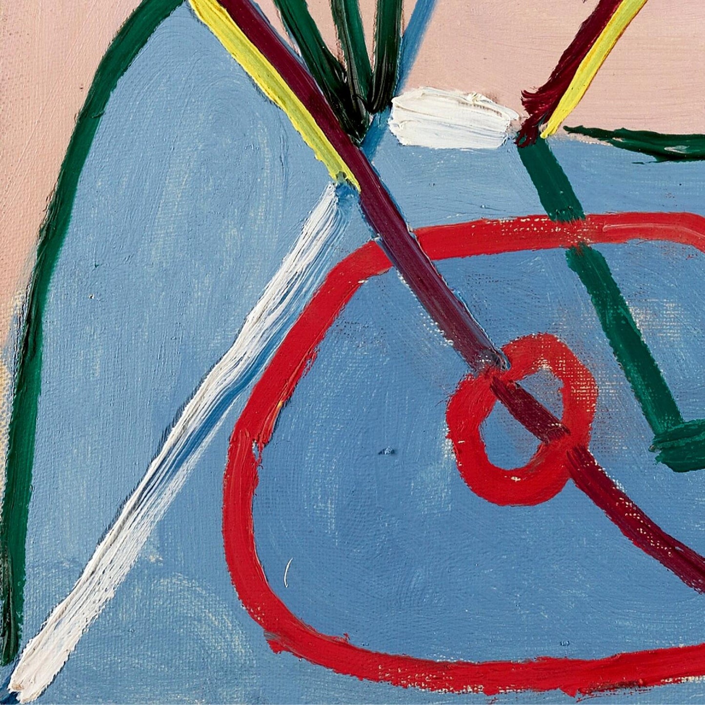 Abstract painting with red, green, and blue strokes on a textured surface
