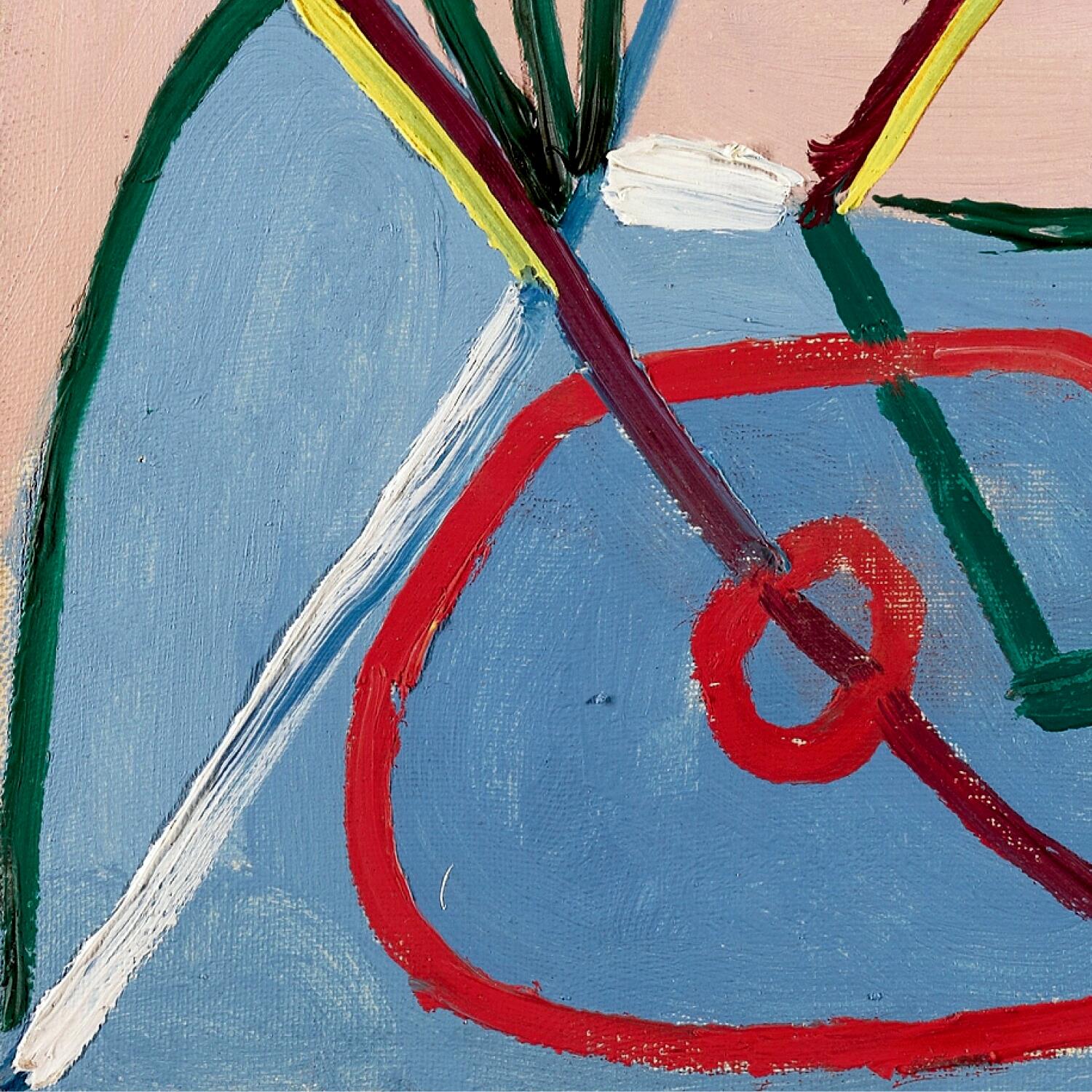 Abstract painting with red, green, and blue strokes on a textured surface