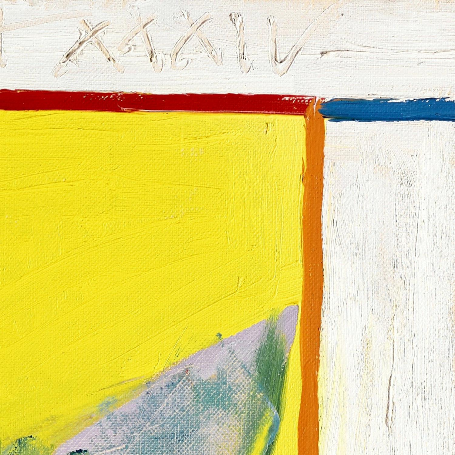 Abstract art with a yellow square, red stripe, and blue and orange accents on a white background.