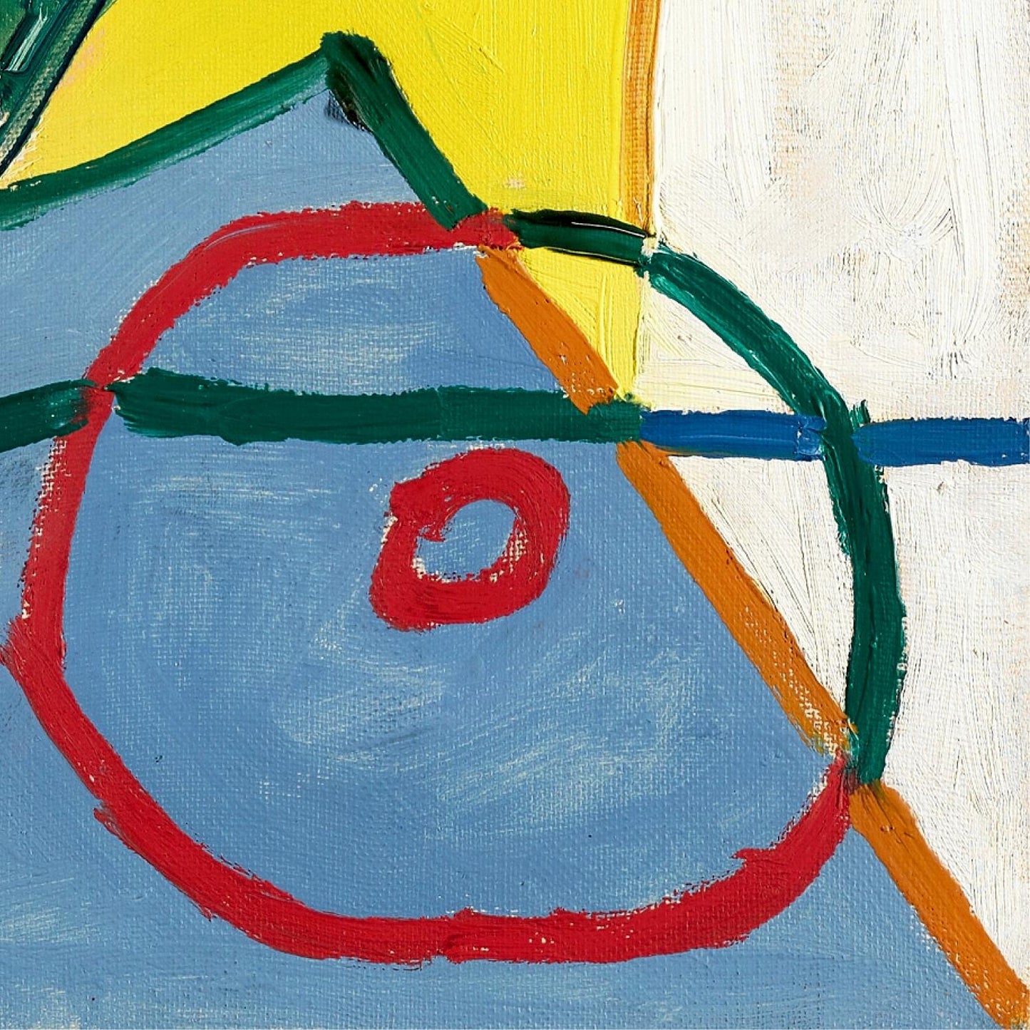 Abstract painting with red, blue, green, and yellow colors on a textured surface.