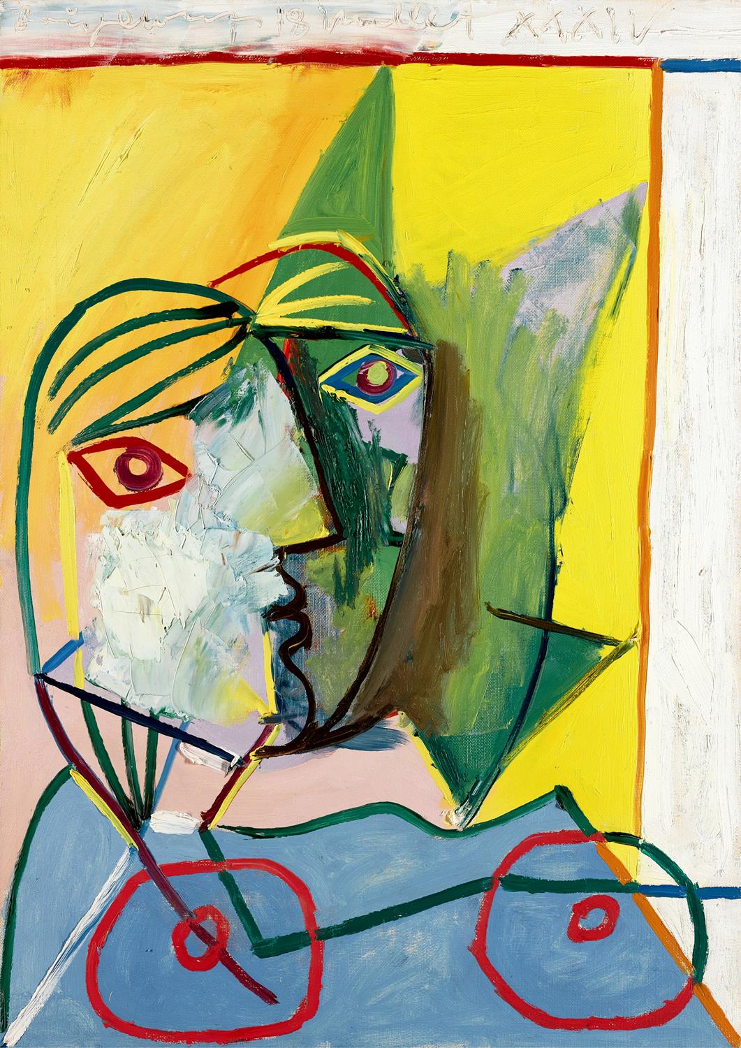 Abstract artwork with bold lines and bright colors on a yellow background